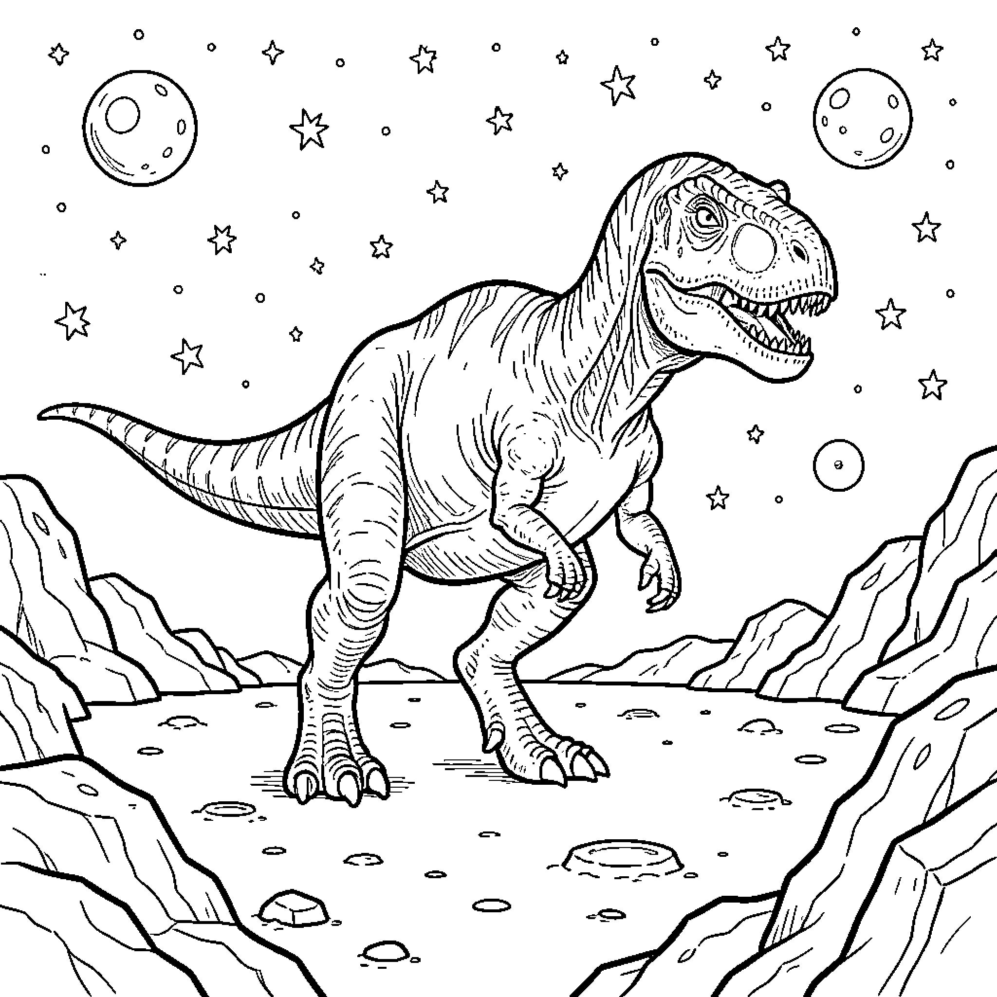 Dinosaur walking through a rocky landscape under stars Coloring Page (free black-and-white line drawing printable PDF for all, from beginners to advanced learners, including children, teens, adults, and seniors)