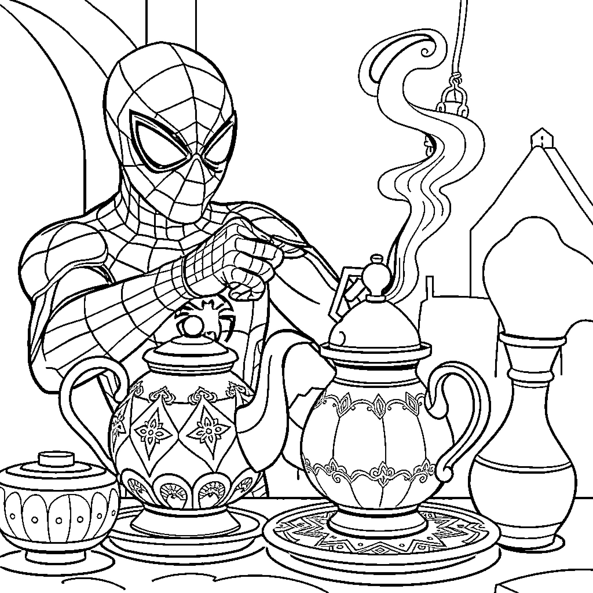 Spiderman Brewing Tea in Ornate Teapot Coloring Page (free black-and-white line drawing printable PDF for all, from beginners to advanced learners, including children, teens, adults, and seniors)