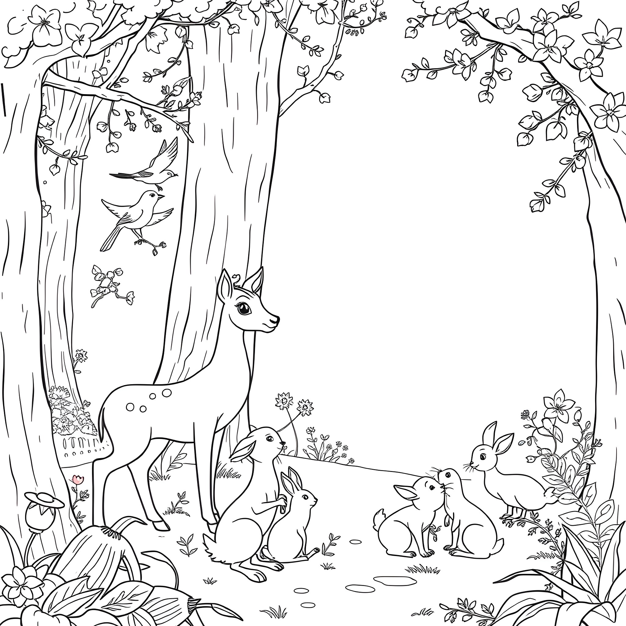 Animal Forest Creatures in Floral Setting Coloring Page (free black-and-white line drawing printable PDF for all, from beginners to advanced learners, including children, teens, adults, and seniors)