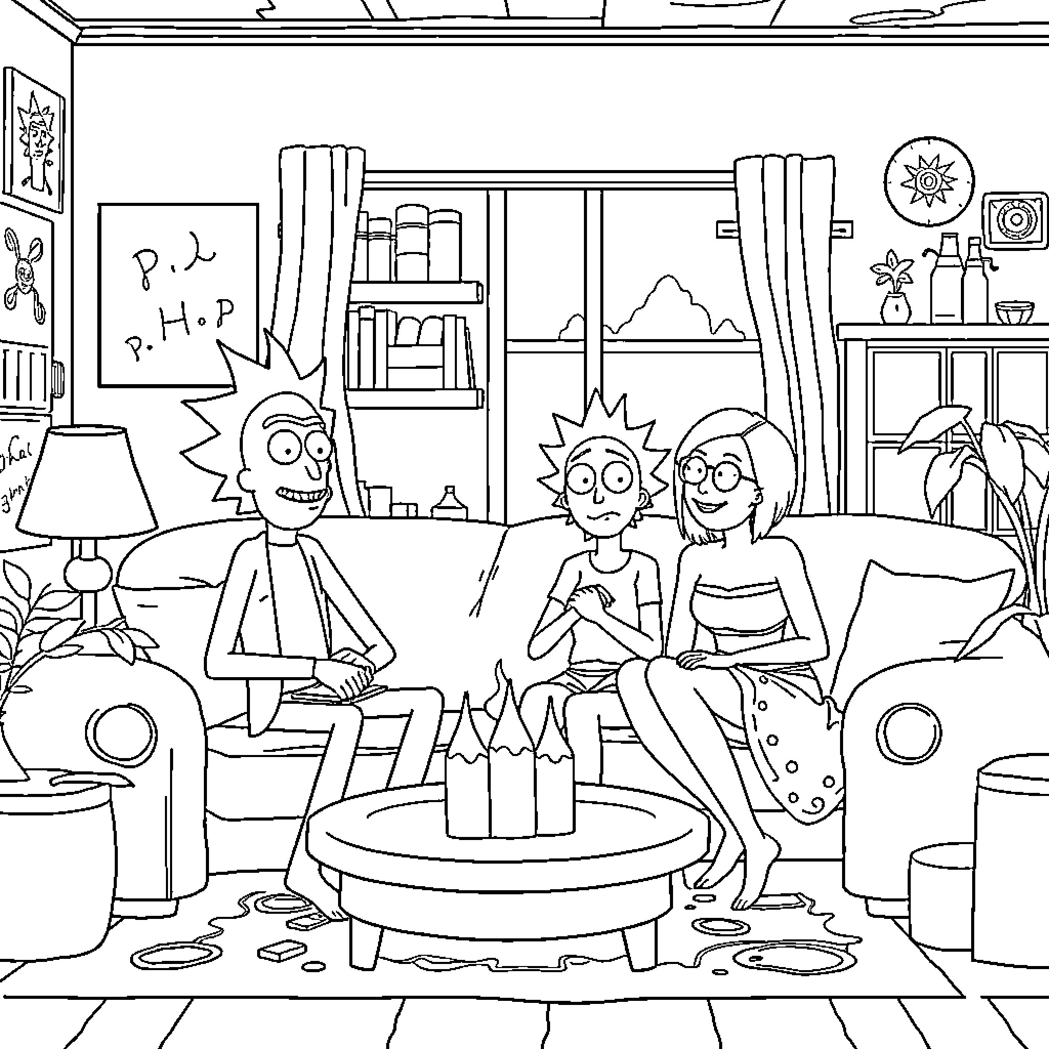 Smith Family's Fun Gathering in the Living Room Coloring Page (free black-and-white line drawing printable PDF for all, from beginners to advanced learners, including children, teens, adults, and seniors)