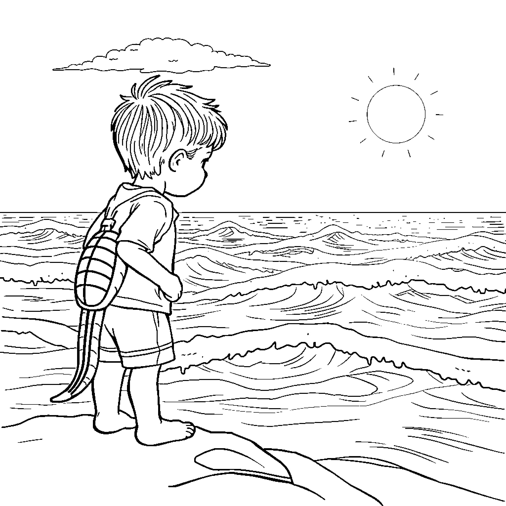 Enfant observing the sun and waves at the beach Coloring Page (free black-and-white line drawing printable PDF for all, from beginners to advanced learners, including children, teens, adults, and seniors)