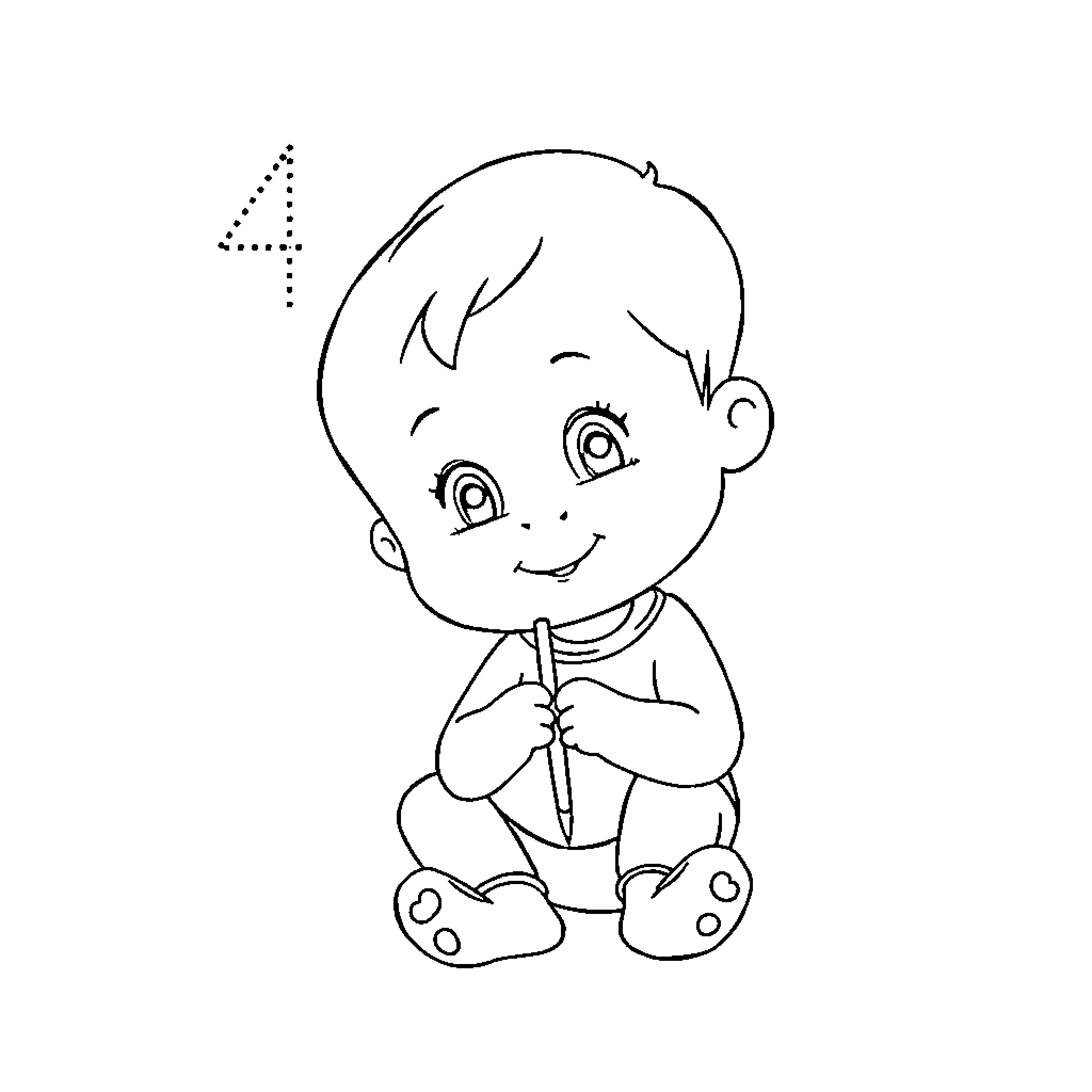 Letters and Numbers Counting Boy Practicing Coloring Page (free black-and-white line drawing printable PDF for all, from beginners to advanced learners, including children, teens, adults, and seniors)