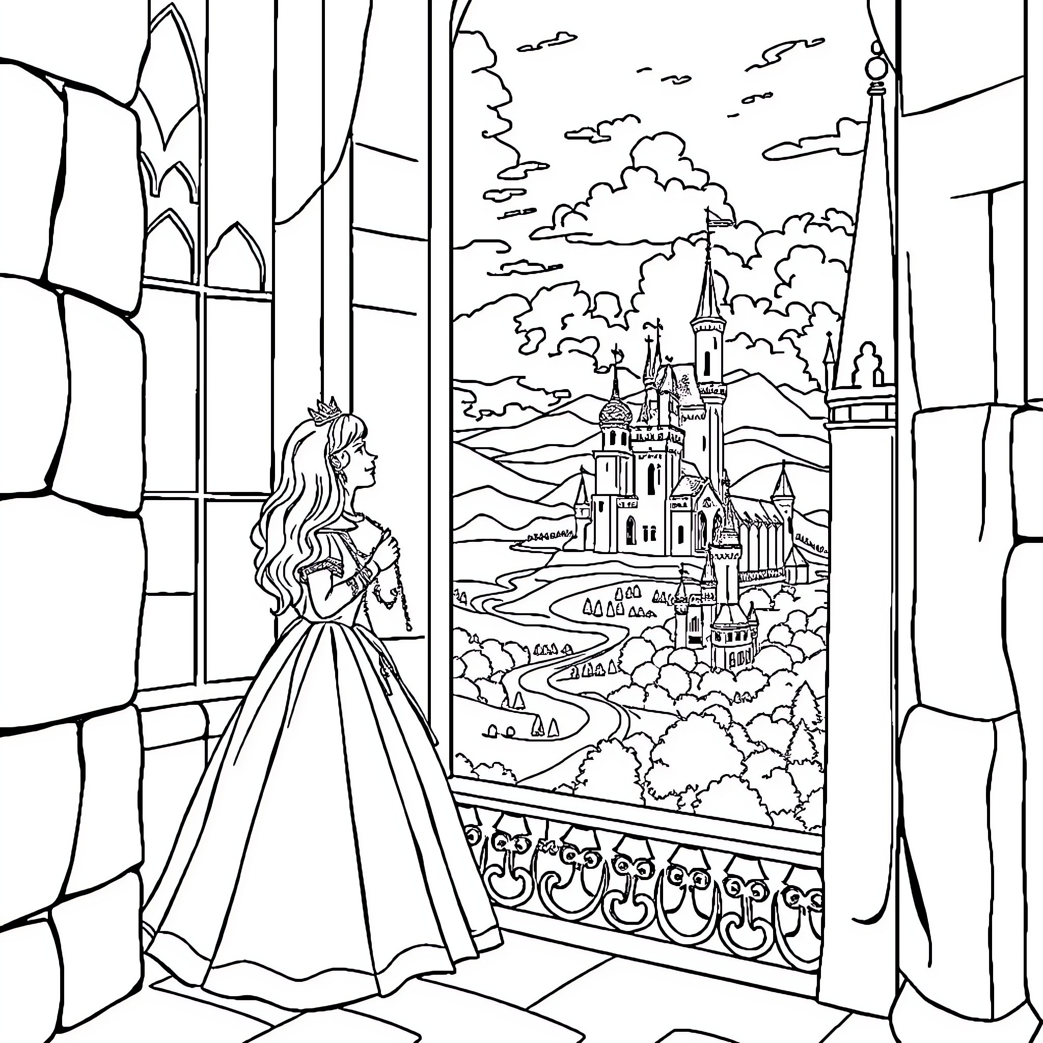 Princess Overlooking Enchanted Castle and Landscape Coloring Page (free black-and-white line drawing printable PDF for all, from beginners to advanced learners, including children, teens, adults, and seniors)