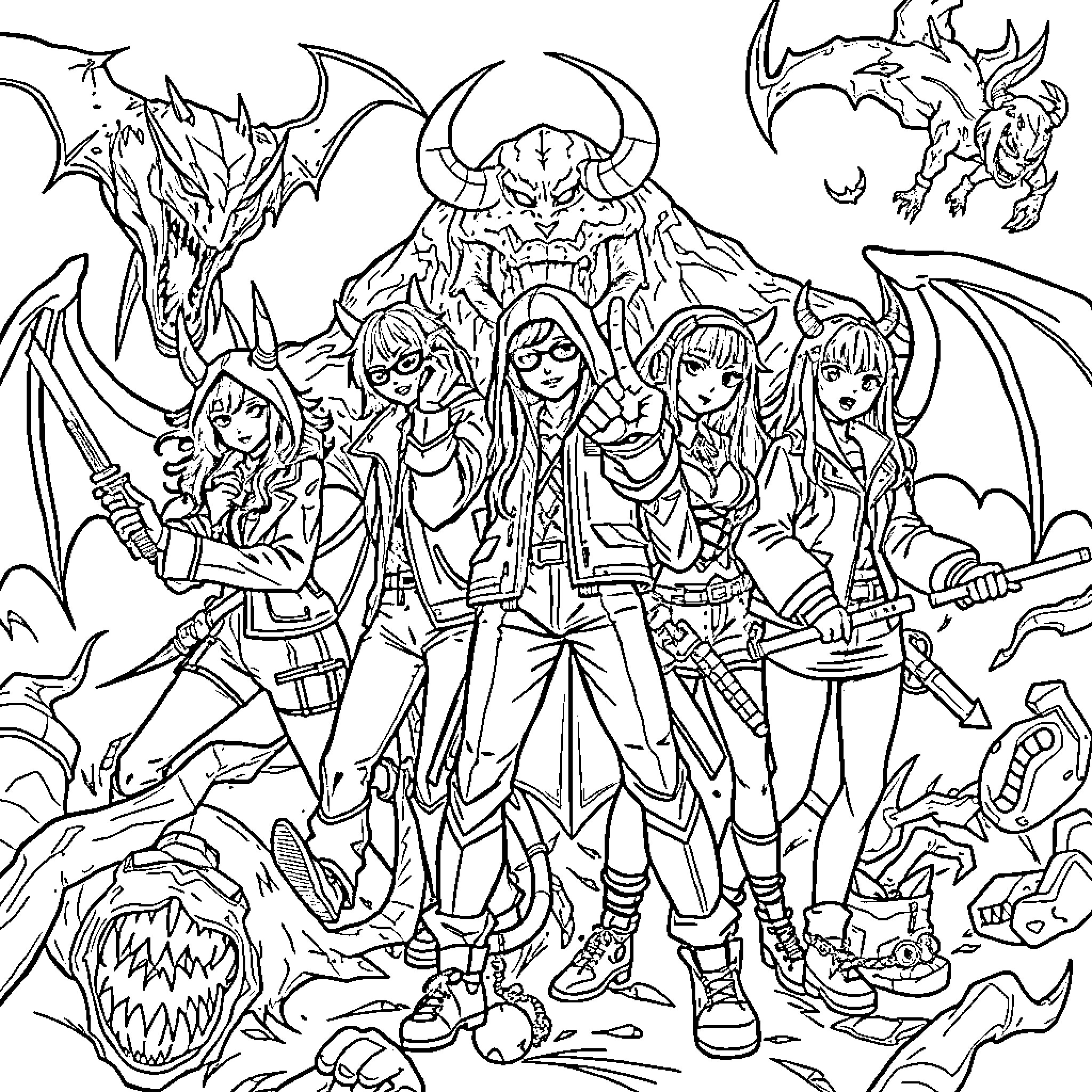 Demon Hunters facing a fierce dragon and its minions Coloring Page (free black-and-white line drawing printable PDF for all, from beginners to advanced learners, including children, teens, adults, and seniors)
