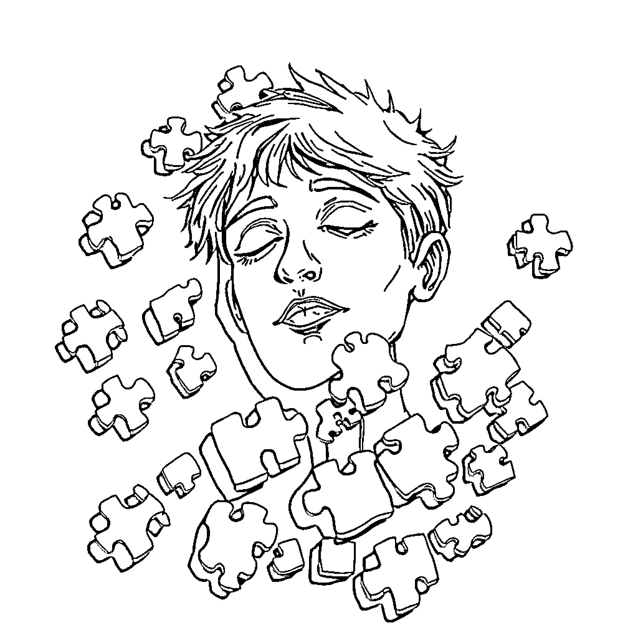 Person with puzzled expression surrounded by puzzle pieces Coloring Page (free black-and-white line drawing printable PDF for all, from beginners to advanced learners, including children, teens, adults, and seniors)