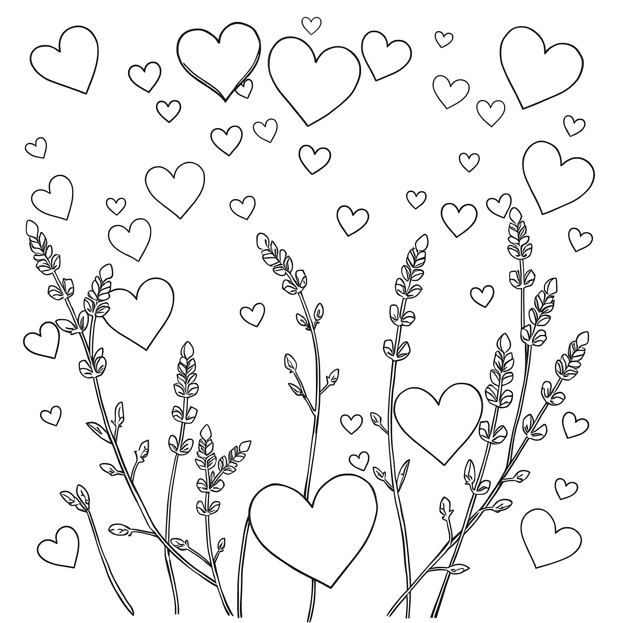 Heart-shaped flowers and leaves in a field Coloring Page (free black-and-white line drawing printable PDF for all, from beginners to advanced learners, including children, teens, adults, and seniors)