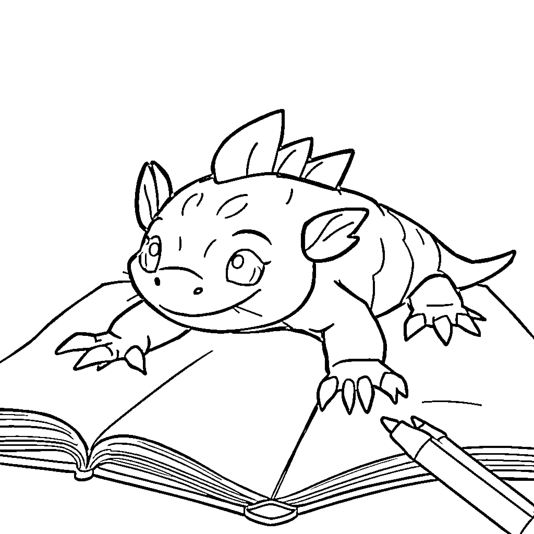 Axolotl reading an open book Coloring Page (free black-and-white line drawing printable PDF for all, from beginners to advanced learners, including children, teens, adults, and seniors)