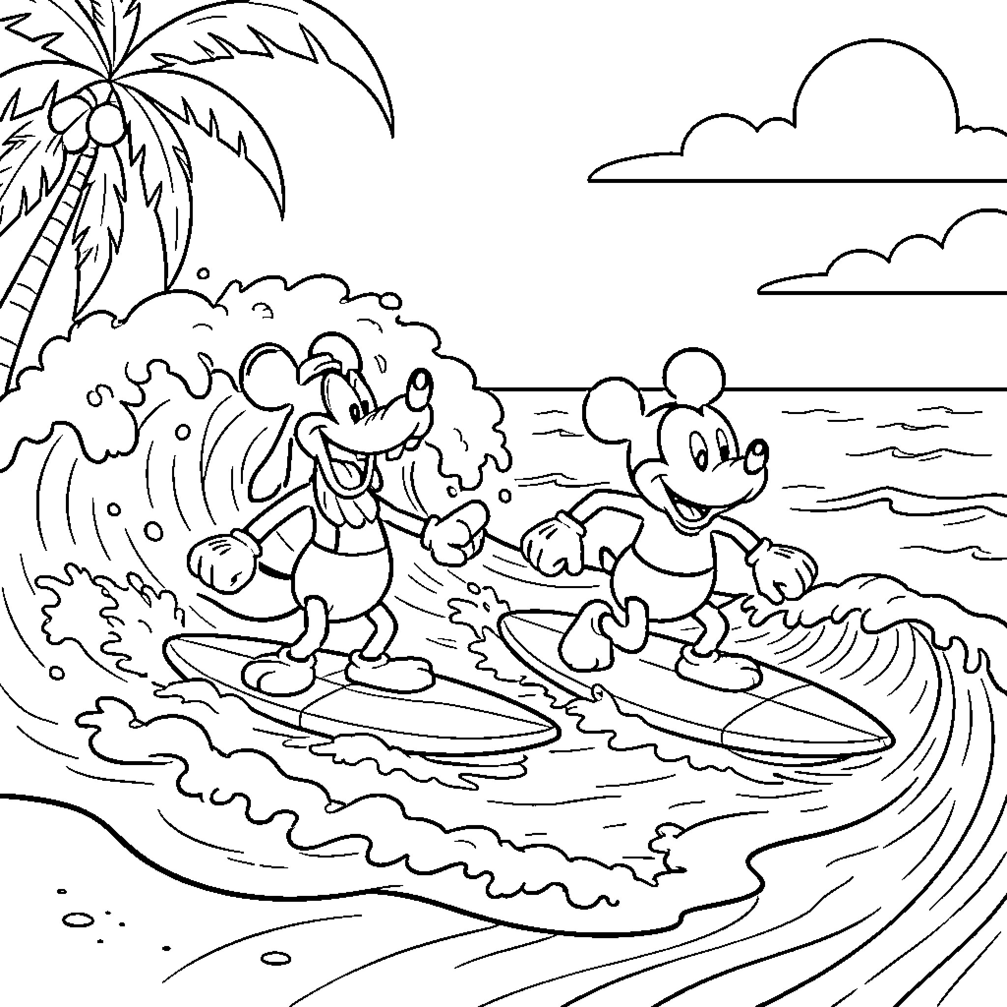 Goofy and his friend surfing on ocean waves Coloring Page (free black-and-white line drawing printable PDF for all, from beginners to advanced learners, including children, teens, adults, and seniors)