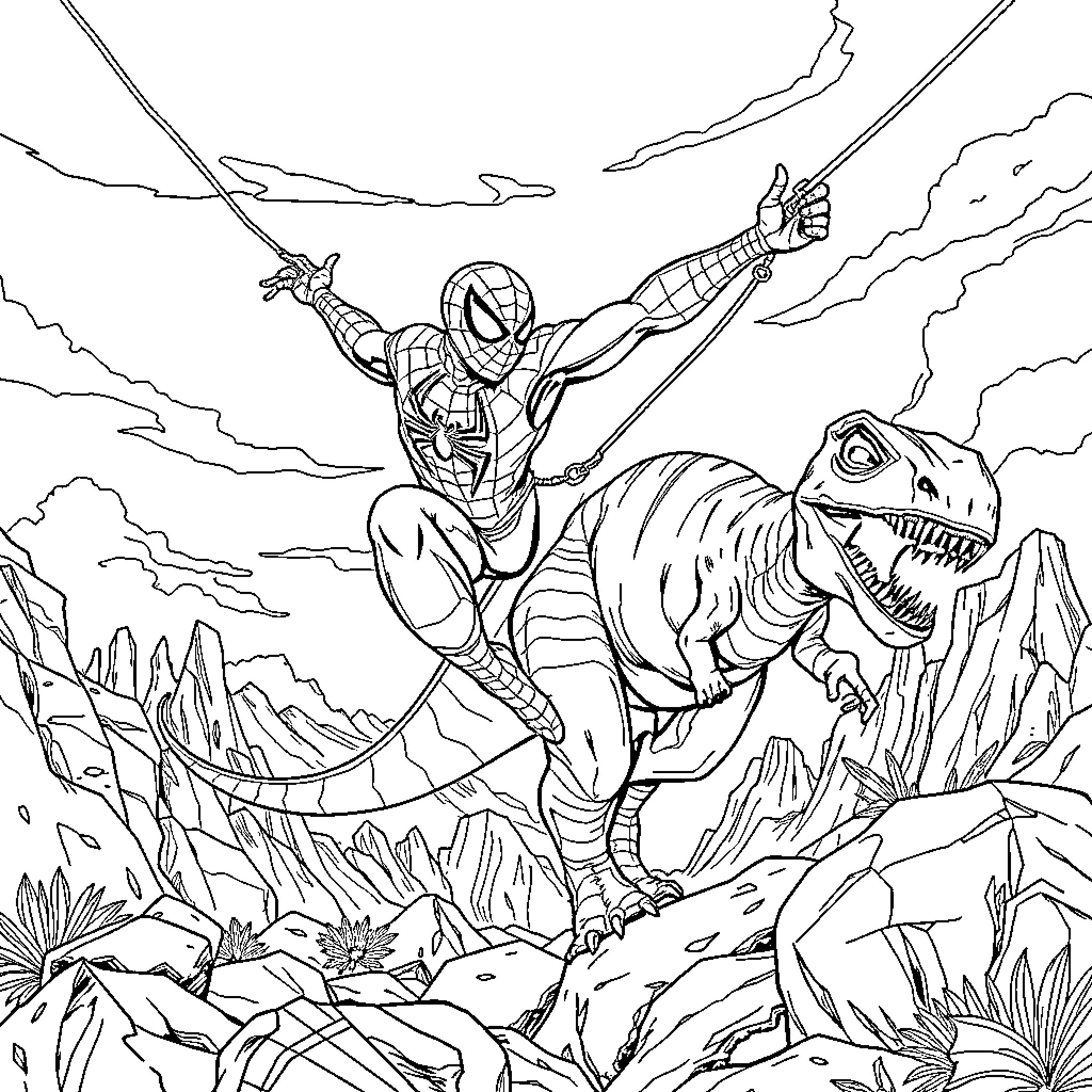 Spiderman swinging with dinosaur in the wild Coloring Page (free black-and-white line drawing printable PDF for all, from beginners to advanced learners, including children, teens, adults, and seniors)