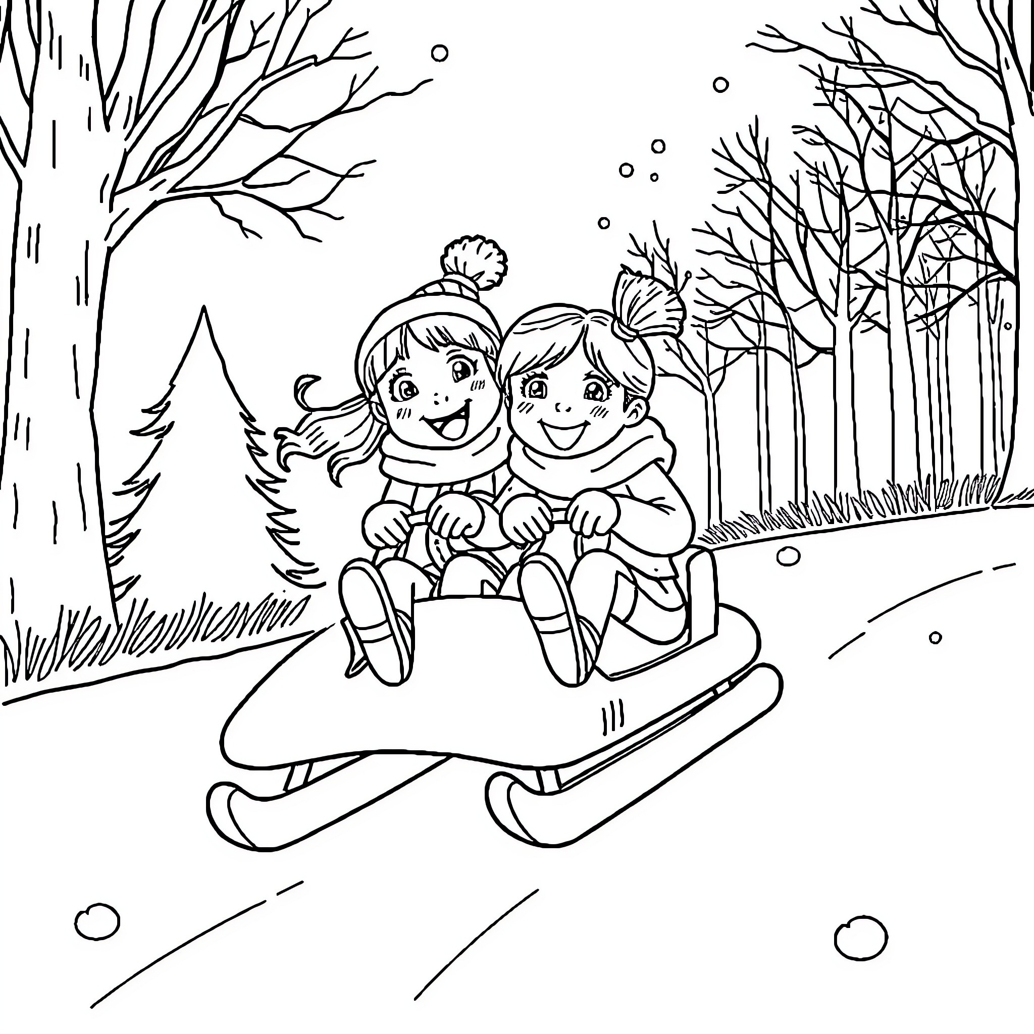 Fille enjoying winter activities with friend Coloring Page (free black-and-white line drawing printable PDF for all, from beginners to advanced learners, including children, teens, adults, and seniors)