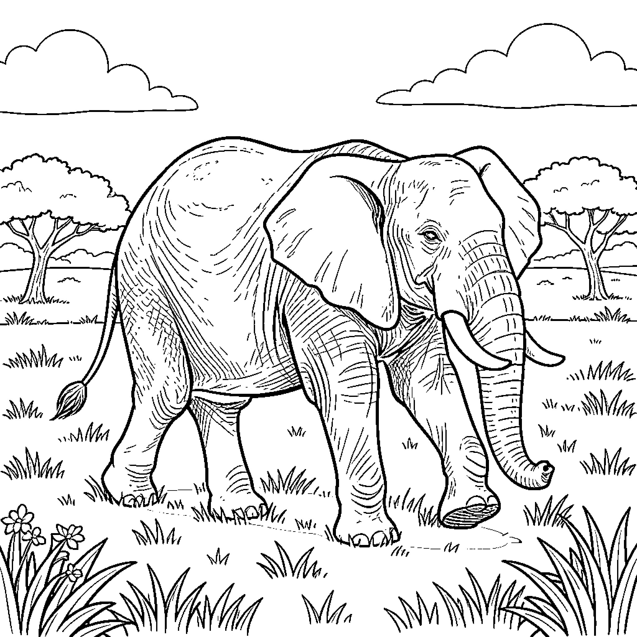 Elephant walking through lush landscape Coloring Page (free black-and-white line drawing printable PDF for all, from beginners to advanced learners, including children, teens, adults, and seniors)