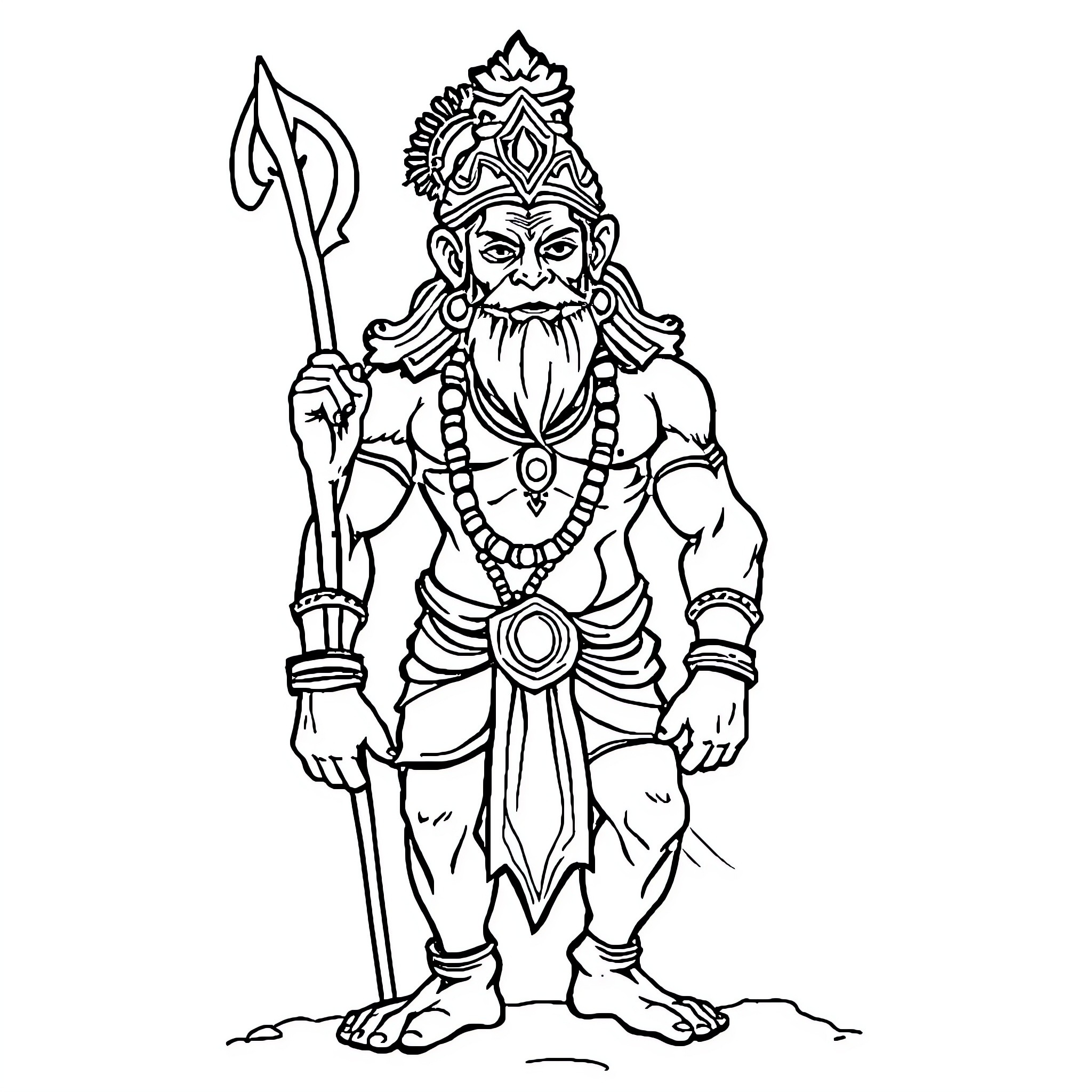 Hanuman the Heroic Monkey God with Mace Coloring Page (free black-and-white line drawing printable PDF for all, from beginners to advanced learners, including children, teens, adults, and seniors)