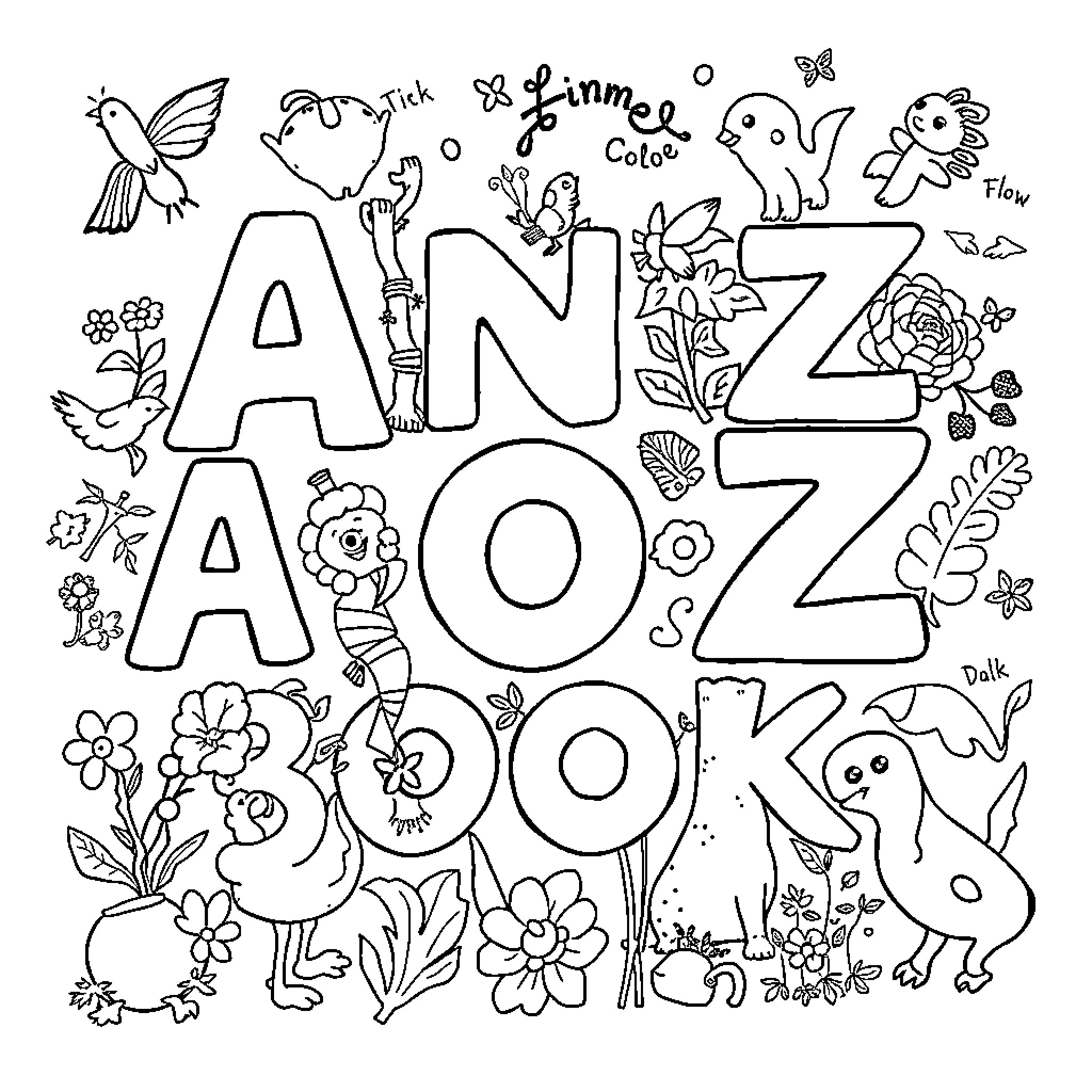 Alphabet Animals and Nature Doodle Coloring Page (free black-and-white line drawing printable PDF for all, from beginners to advanced learners, including children, teens, adults, and seniors)