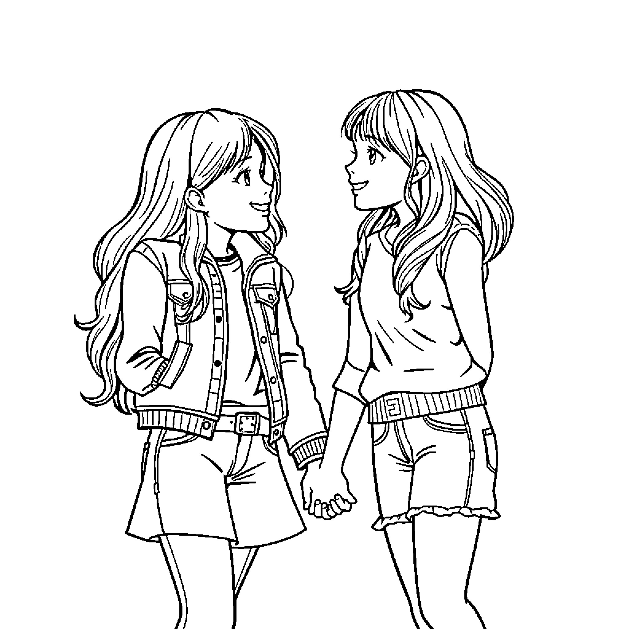 Girls conversing happily in casual outfits Coloring Page (free black-and-white line drawing printable PDF for all, from beginners to advanced learners, including children, teens, adults, and seniors)