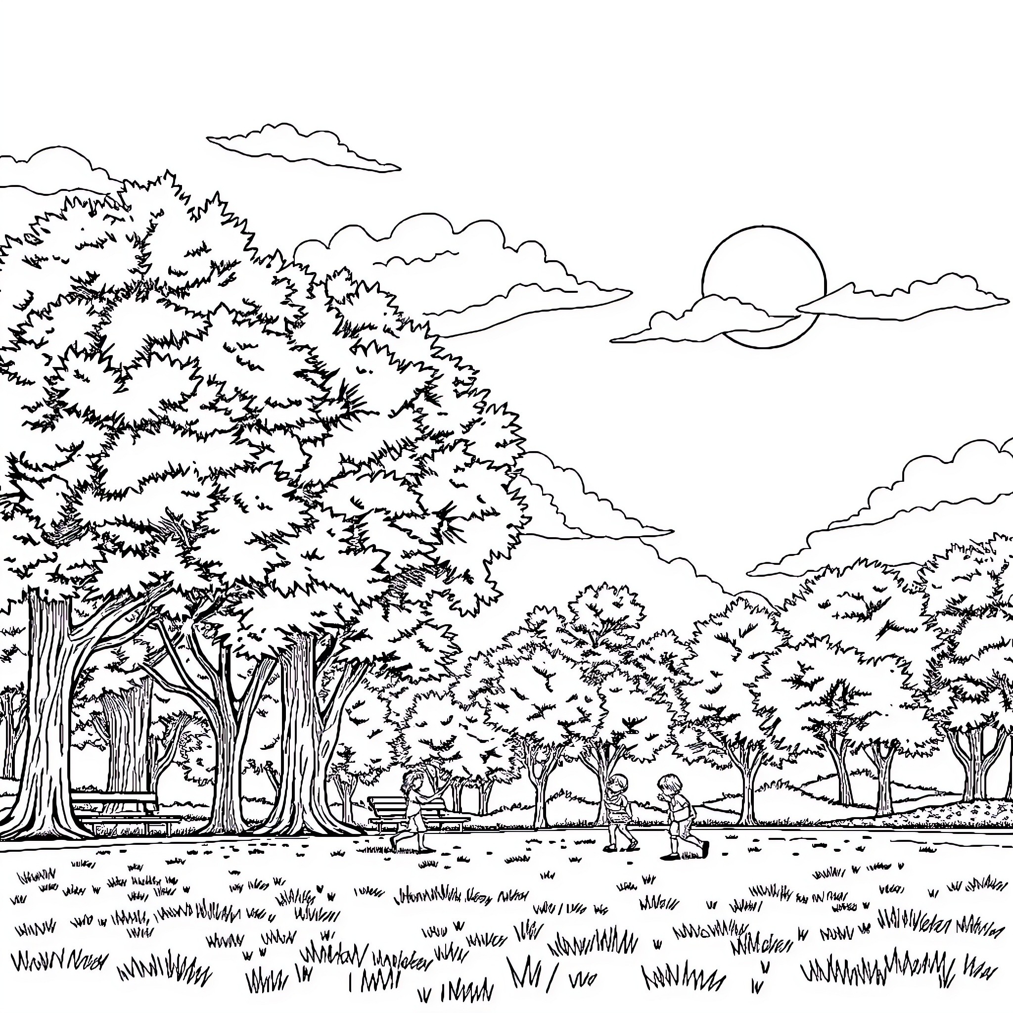 Summer stroll through the tranquil forest Coloring Page (free black-and-white line drawing printable PDF for all, from beginners to advanced learners, including children, teens, adults, and seniors)