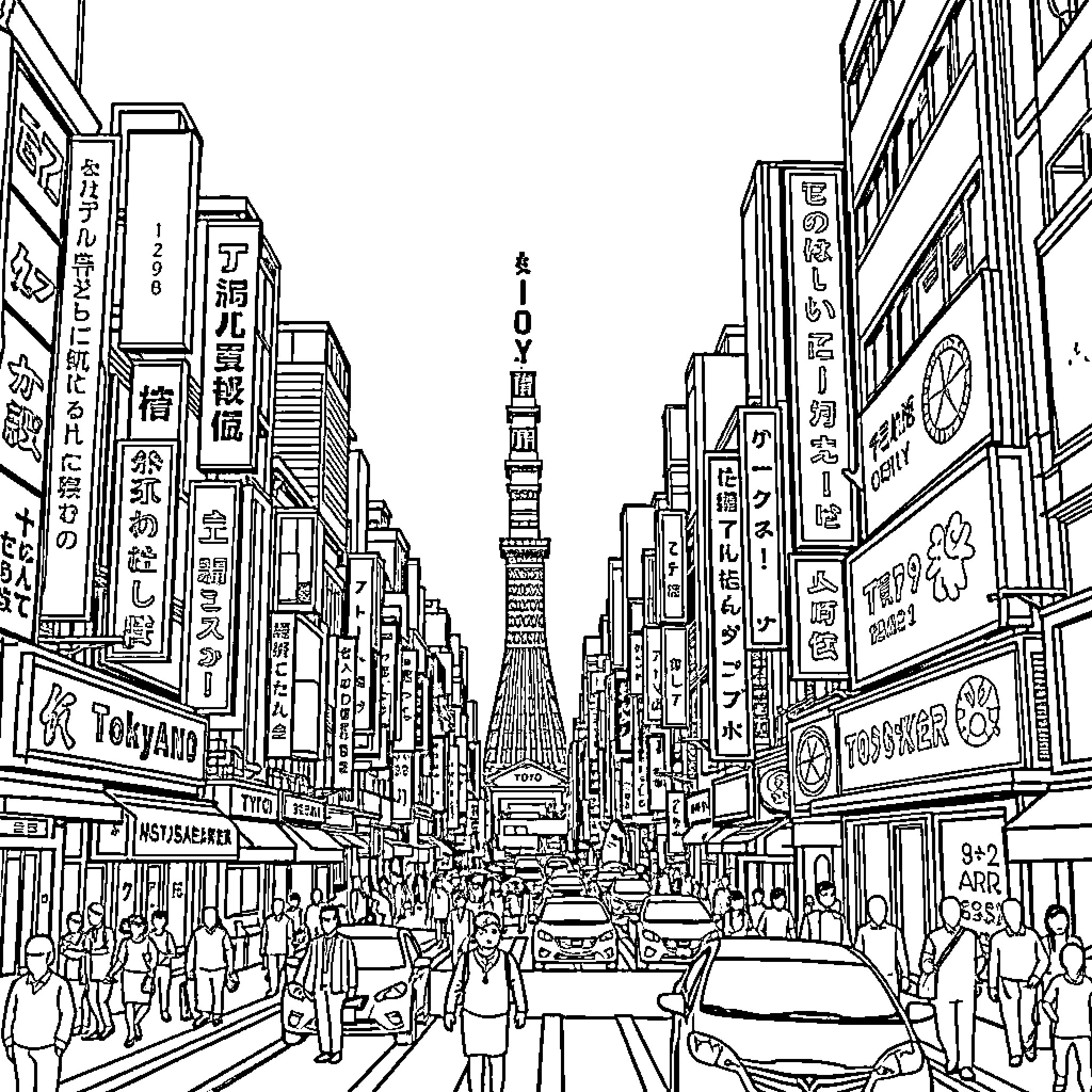 Tokyo bustling city with iconic tower Coloring Page (free black-and-white line drawing printable PDF for all, from beginners to advanced learners, including children, teens, adults, and seniors)