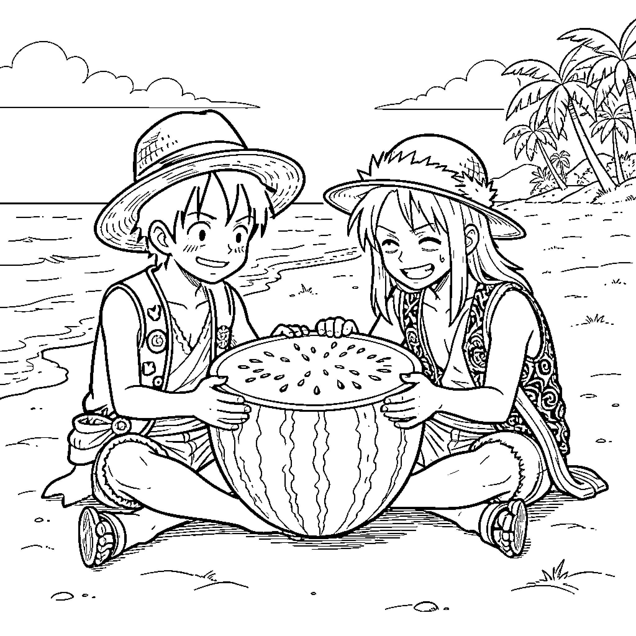 Monkey D Luffy and companion sharing a large watermelon Coloring Page (free black-and-white line drawing printable PDF for all, from beginners to advanced learners, including children, teens, adults, and seniors)