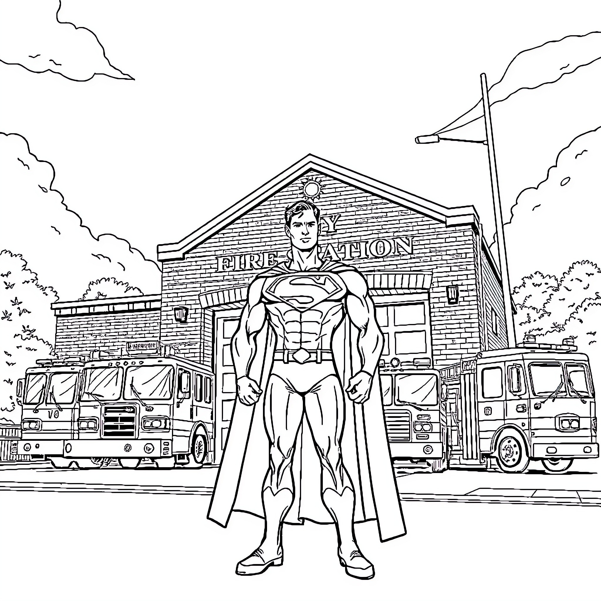 Superman standing proudly outside the fire station Coloring Page (free black-and-white line drawing printable PDF for all, from beginners to advanced learners, including children, teens, adults, and seniors)