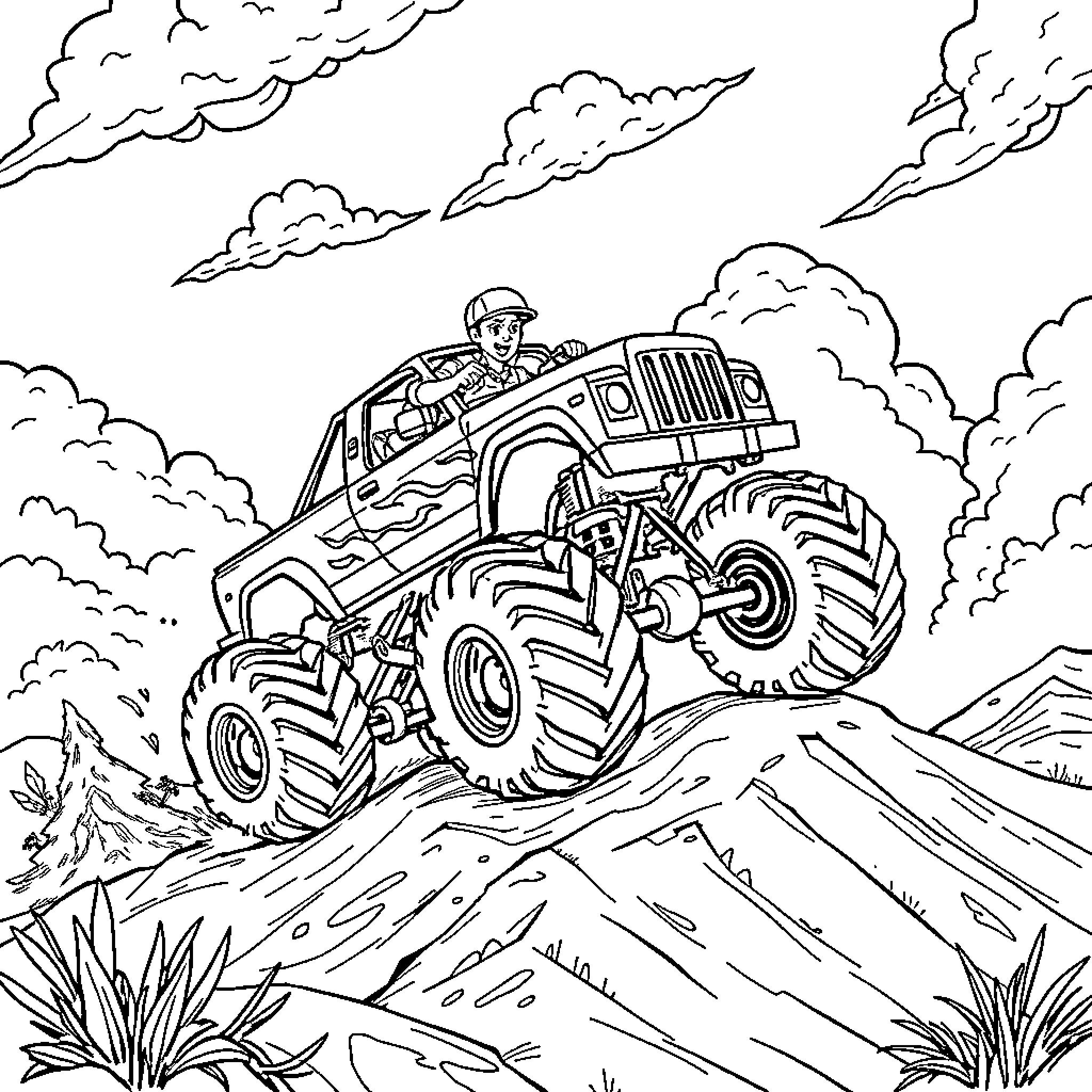 Monster Truck Scaling Rugged Terrain with Daring Drivers Coloring Page (free black-and-white line drawing printable PDF for all, from beginners to advanced learners, including children, teens, adults, and seniors)