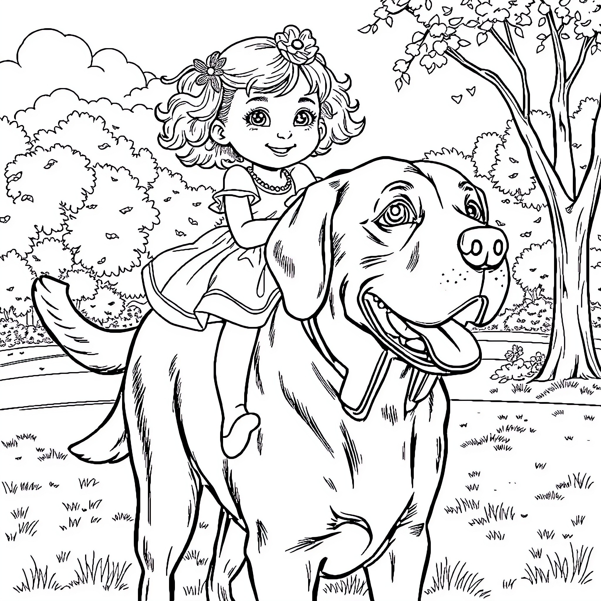 Labrador and girl exploring nature together Coloring Page (free black-and-white line drawing printable PDF for all, from beginners to advanced learners, including children, teens, adults, and seniors)