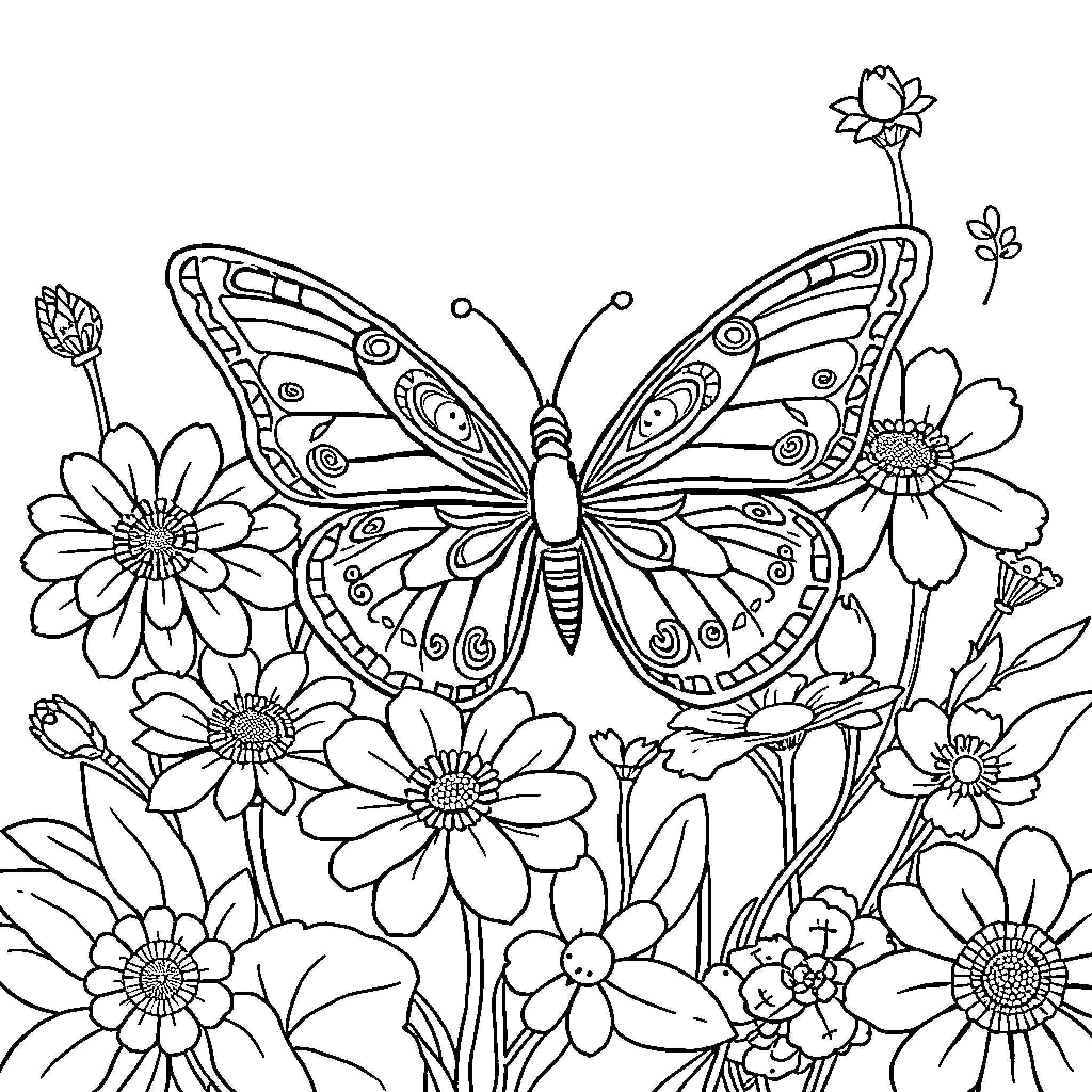 Butterfly surrounded by colorful flowers Coloring Page (free black-and-white line drawing printable PDF for all, from beginners to advanced learners, including children, teens, adults, and seniors)