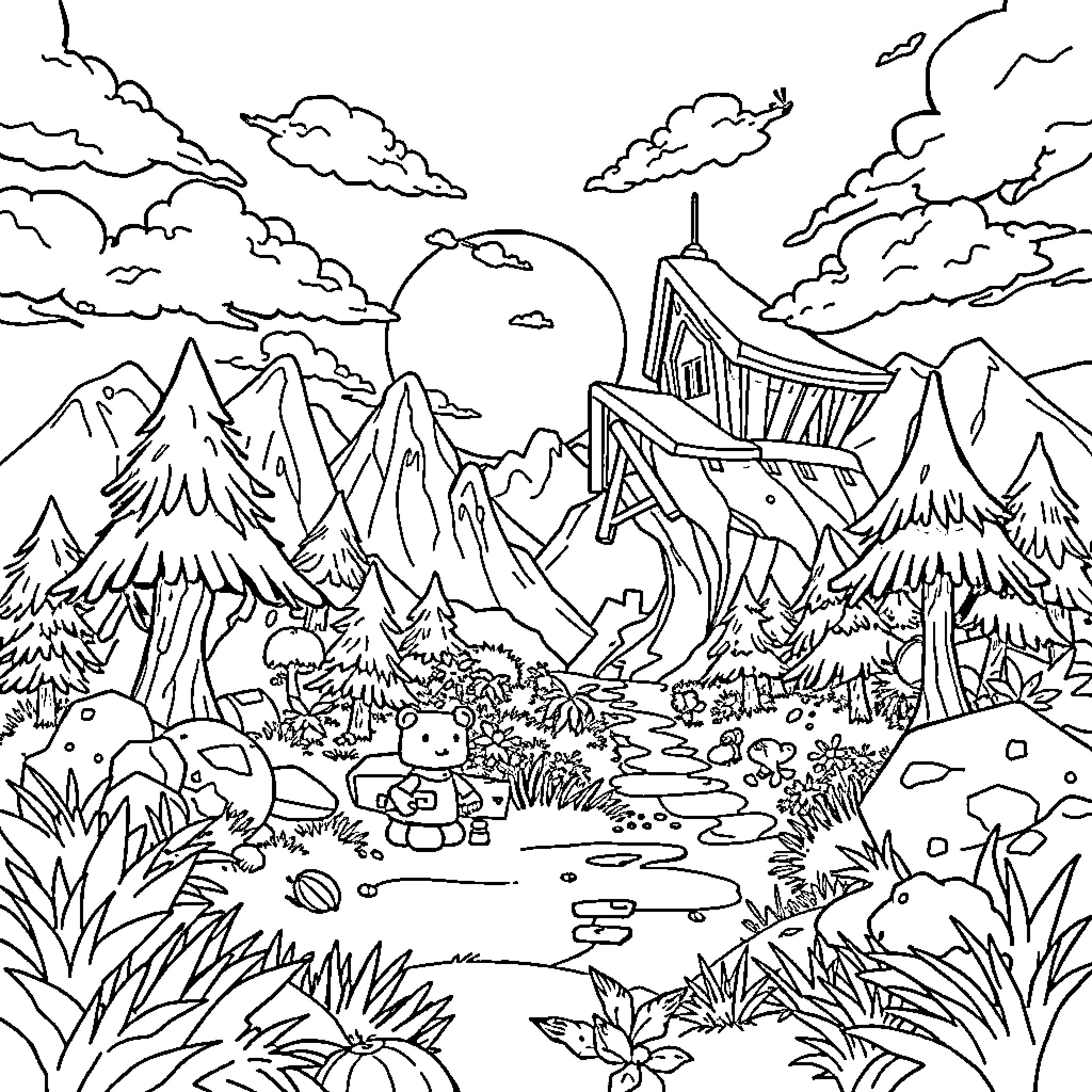 Huntrix's Fantastical Mountain Expedition Coloring Page (free black-and-white line drawing printable PDF for all, from beginners to advanced learners, including children, teens, adults, and seniors)