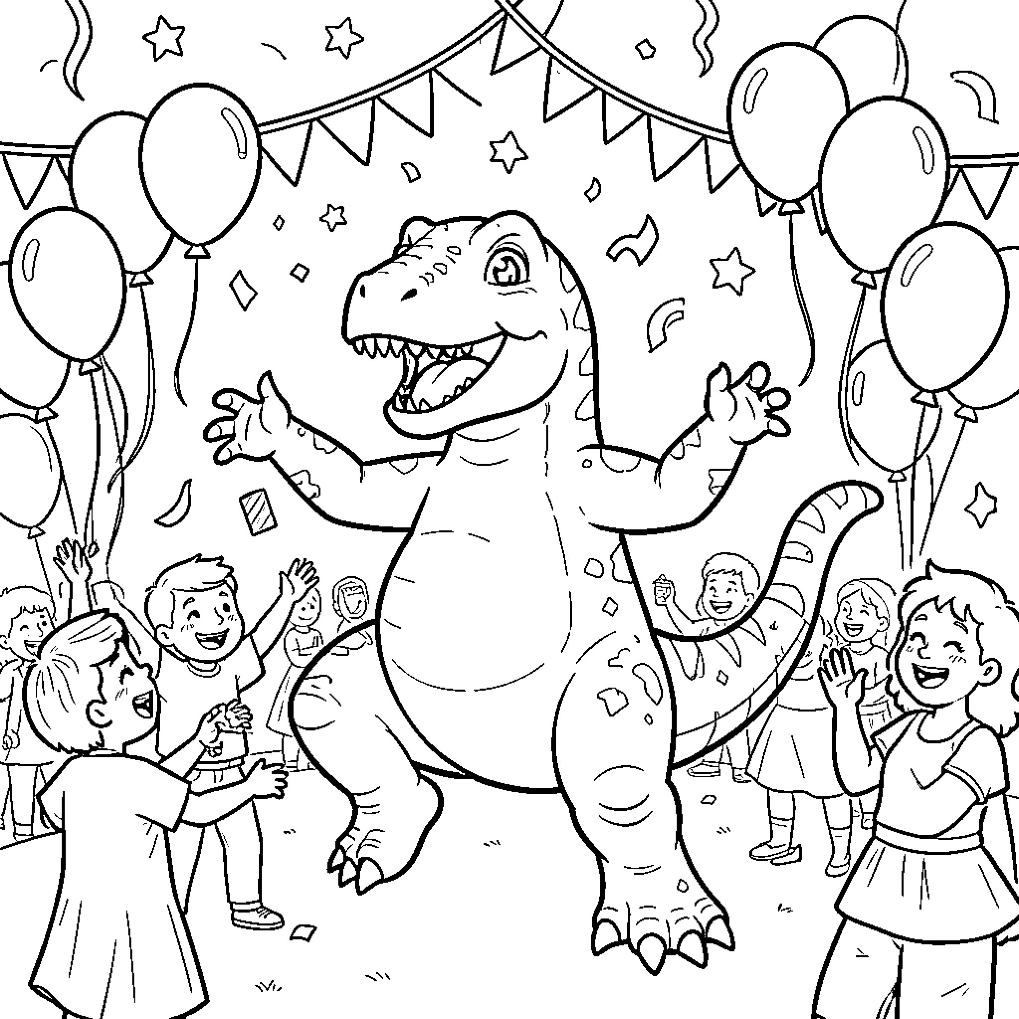 Dinosaur dancing joyfully among celebrating children at a party Coloring Page (free black-and-white line drawing printable PDF for all, from beginners to advanced learners, including children, teens, adults, and seniors)