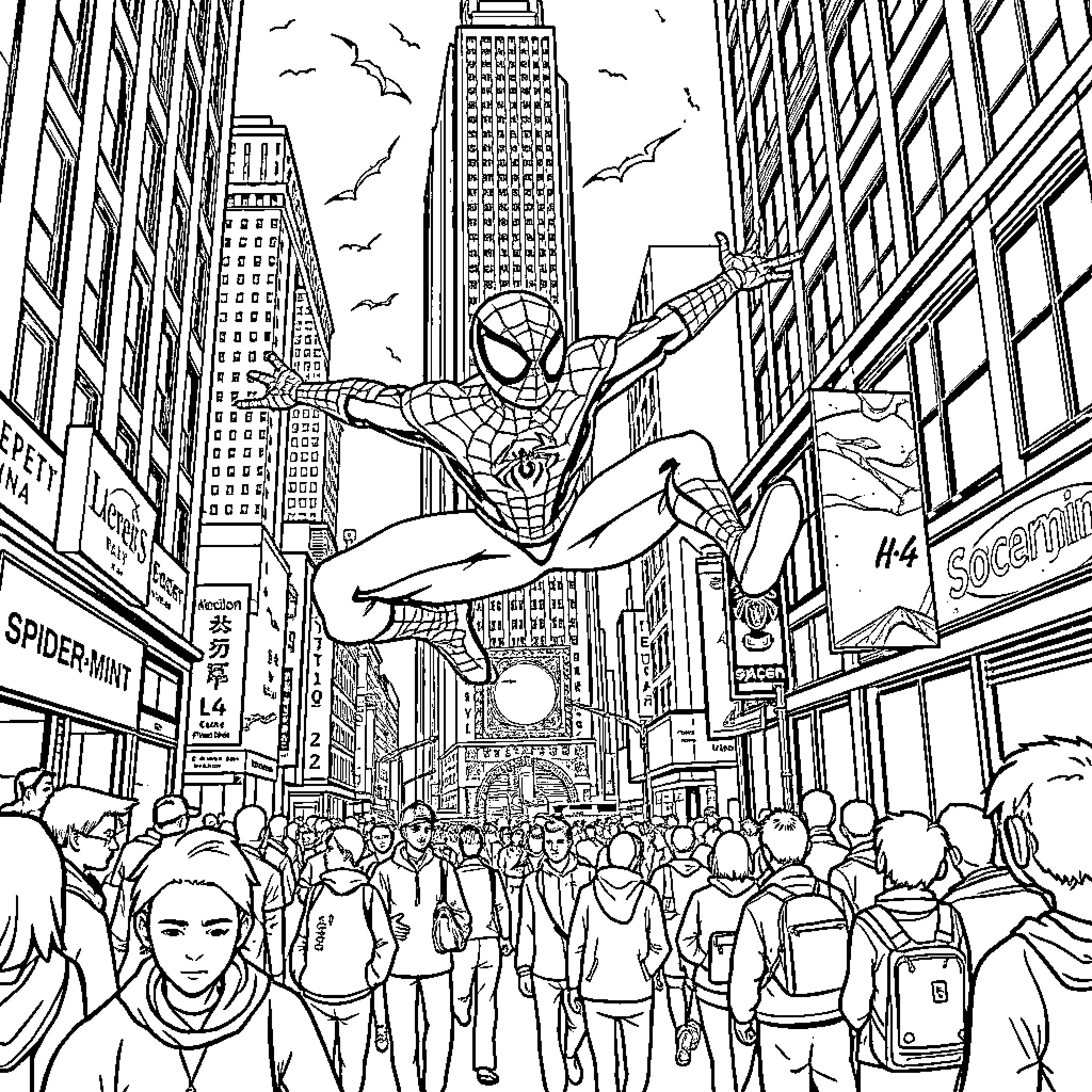 Spiderman swinging through the bustling city streets Coloring Page (free black-and-white line drawing printable PDF for all, from beginners to advanced learners, including children, teens, adults, and seniors)
