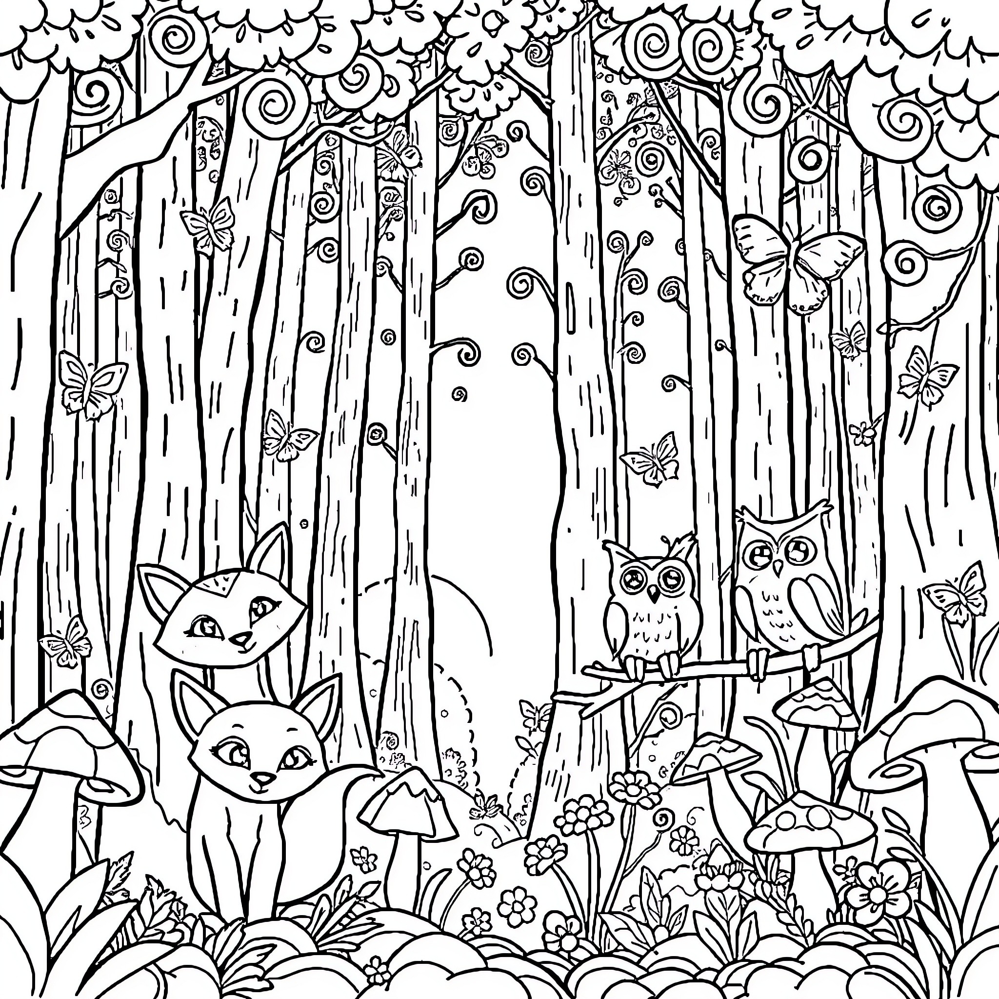 Forest animals and whimsical creatures in enchanted woodland Coloring Page (free black-and-white line drawing printable PDF for all, from beginners to advanced learners, including children, teens, adults, and seniors)