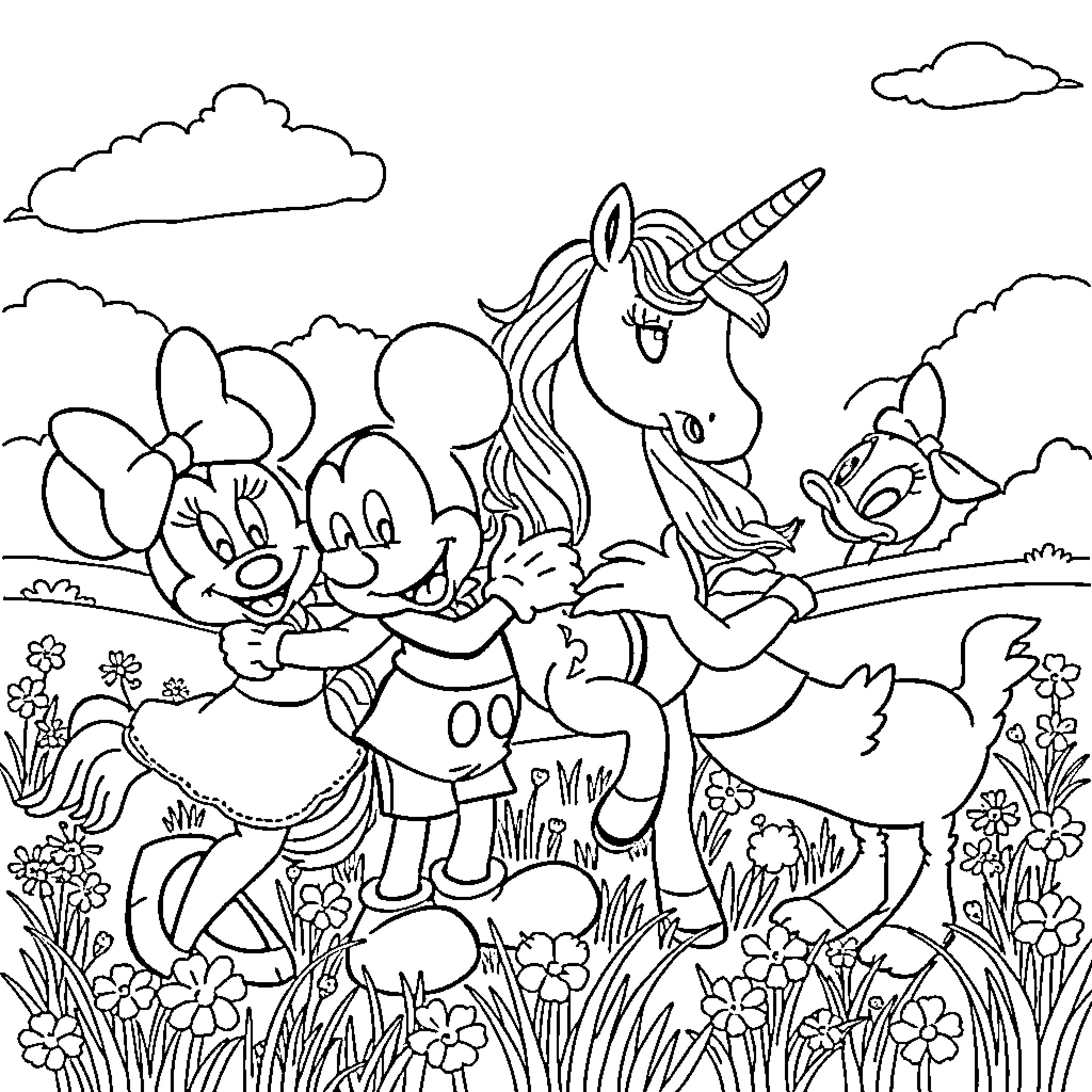 Unicorn frolicking with cartoon characters in a whimsical meadow Coloring Page (free black-and-white line drawing printable PDF for all, from beginners to advanced learners, including children, teens, adults, and seniors)