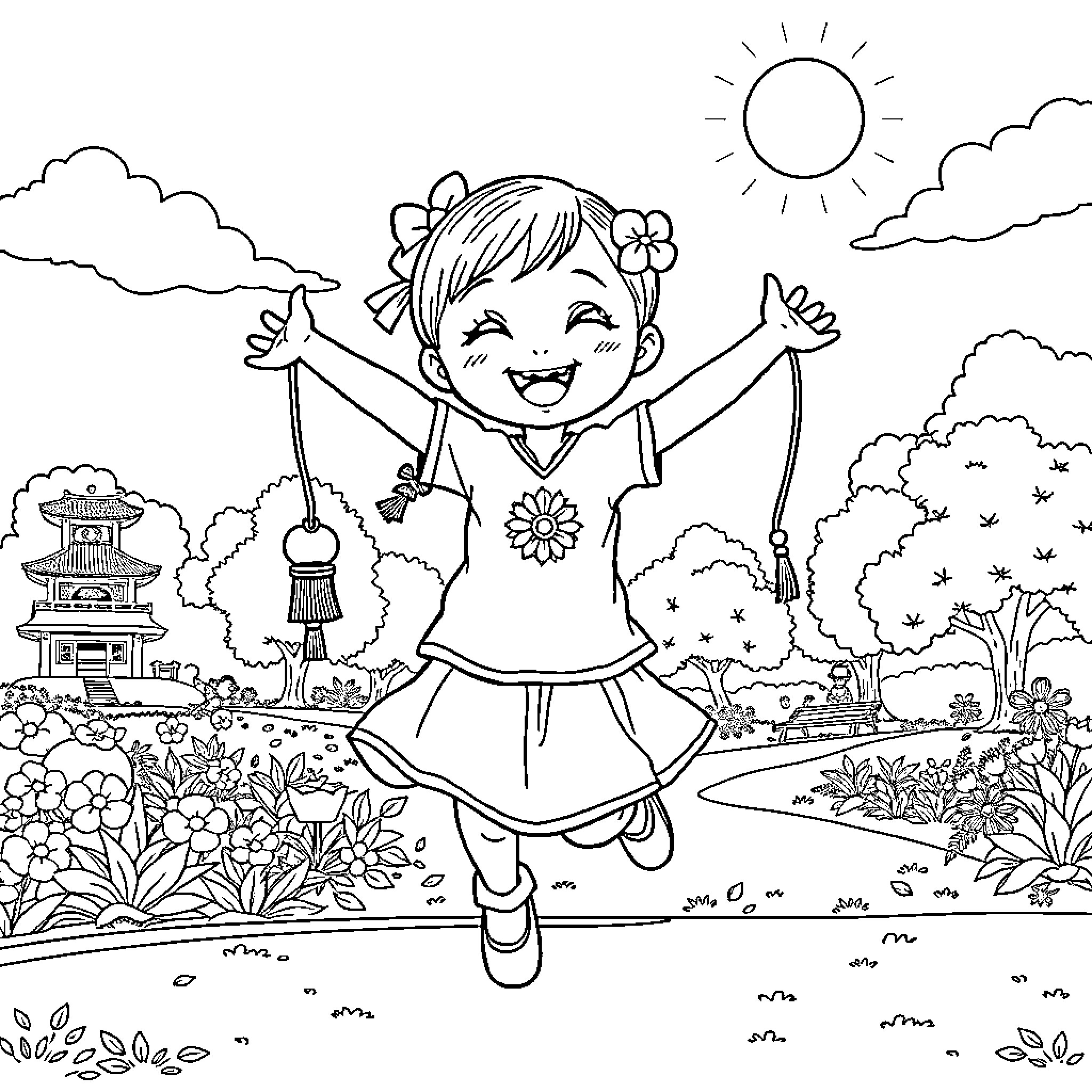 Girl joyfully playing in a floral garden Coloring Page (free black-and-white line drawing printable PDF for all, from beginners to advanced learners, including children, teens, adults, and seniors)