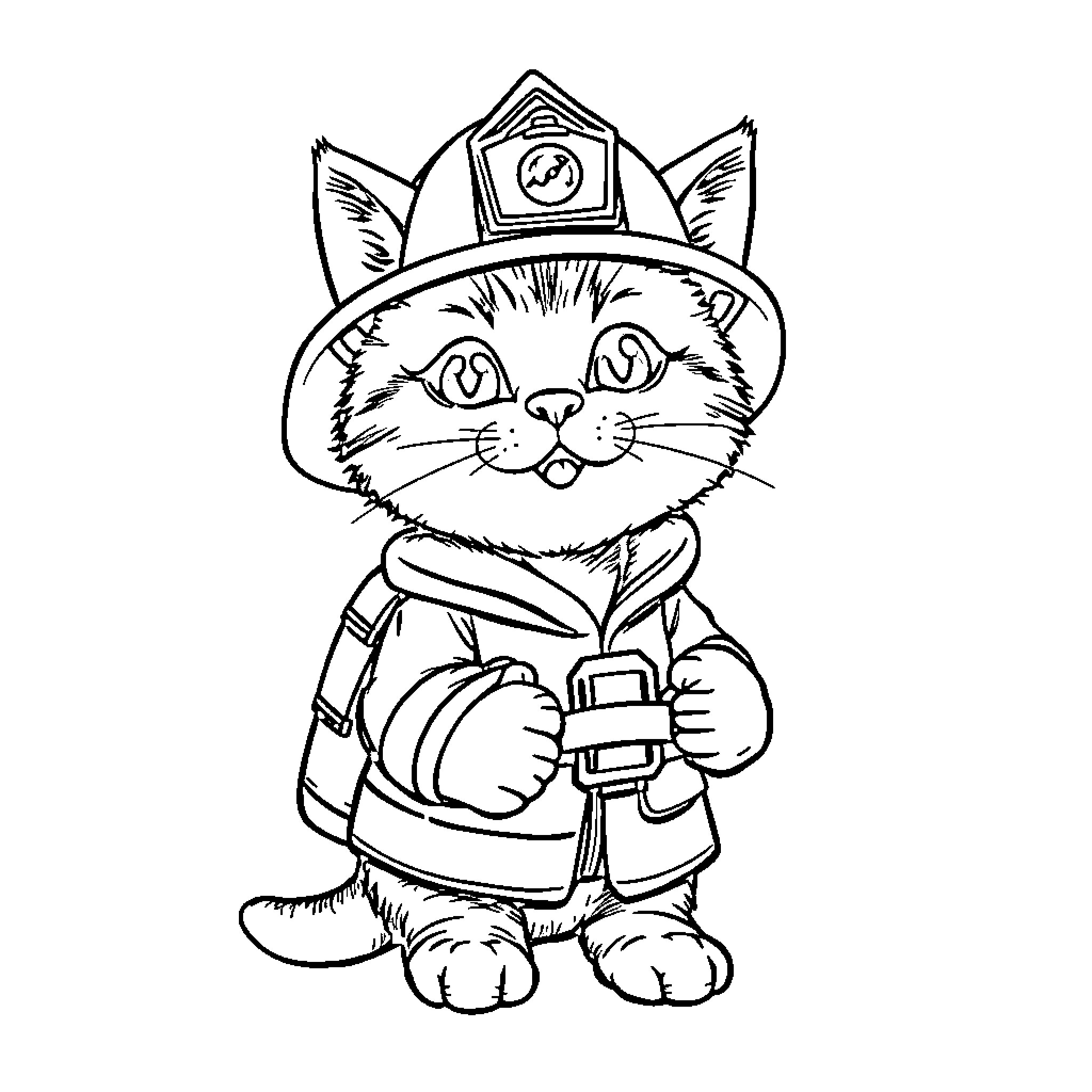 Cat Firefighter in Uniform Coloring Page (free black-and-white line drawing printable PDF for all, from beginners to advanced learners, including children, teens, adults, and seniors)
