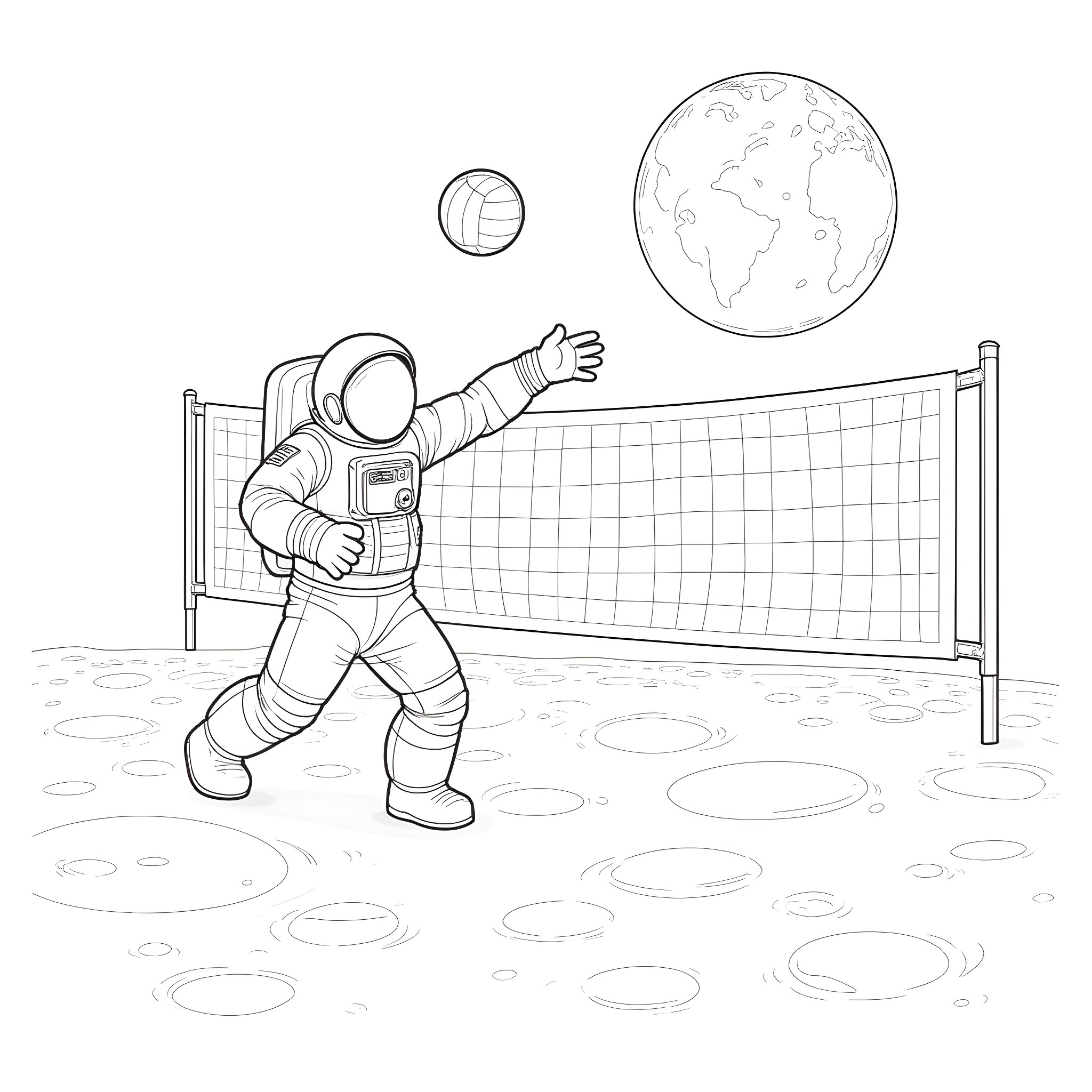 Astronaut playing volleyball on the moon Coloring Page (free black-and-white line drawing printable PDF for all, from beginners to advanced learners, including children, teens, adults, and seniors)