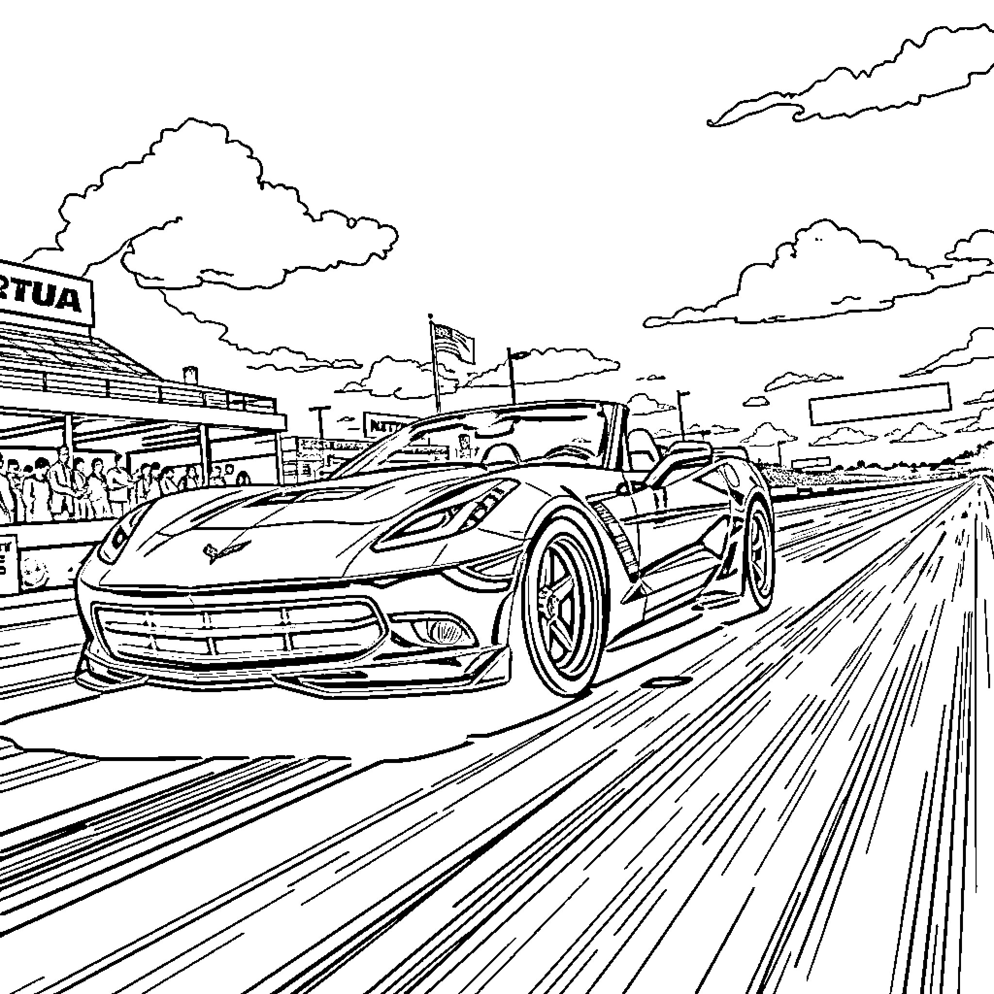 Corvette speeding on the racetrack Coloring Page (free black-and-white line drawing printable PDF for all, from beginners to advanced learners, including children, teens, adults, and seniors)