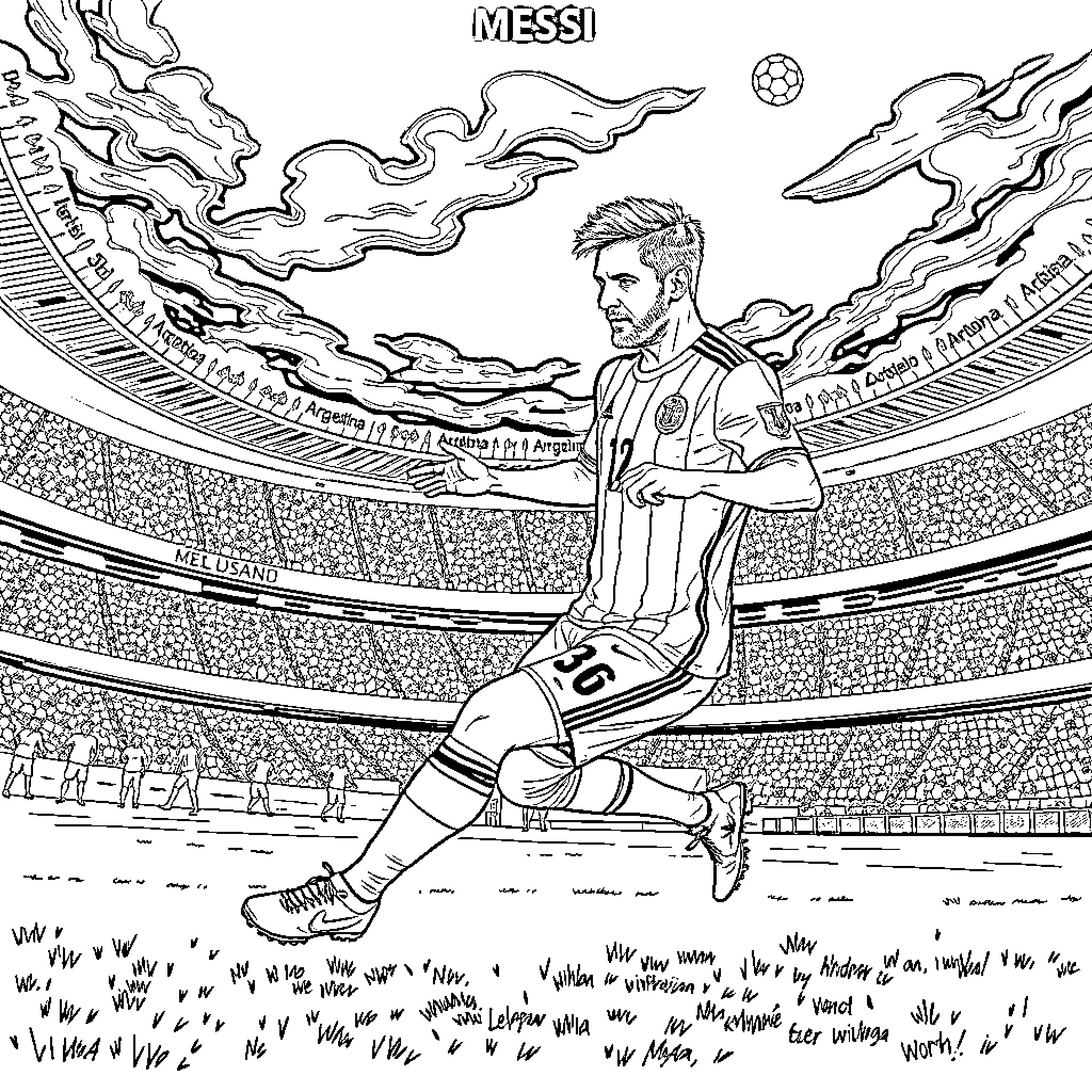 Messi in action on the soccer field Coloring Page (free black-and-white line drawing printable PDF for all, from beginners to advanced learners, including children, teens, adults, and seniors)