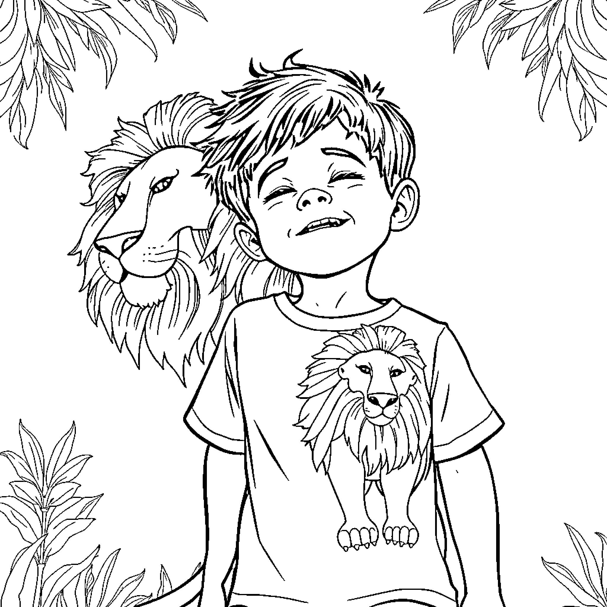 Niño playing with lions in the wild Coloring Page (free black-and-white line drawing printable PDF for all, from beginners to advanced learners, including children, teens, adults, and seniors)
