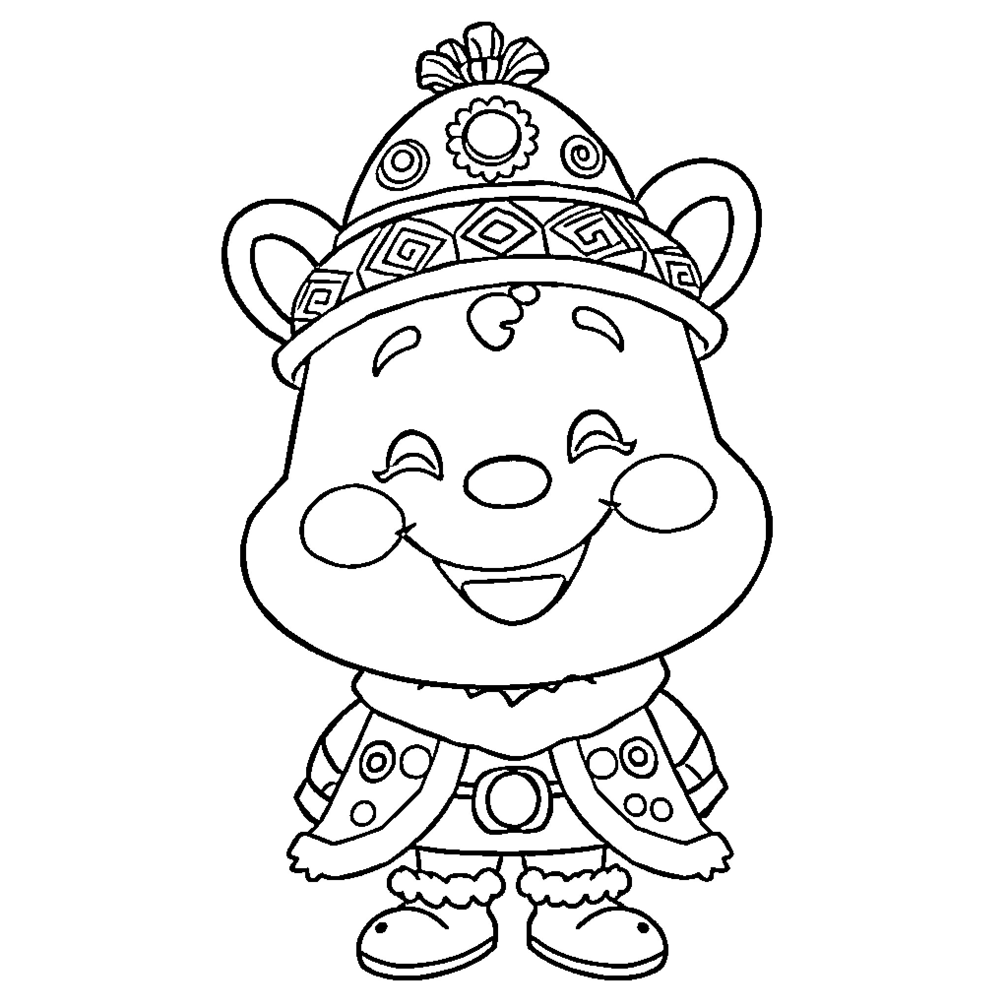 Labubu wearing decorated hat and smiling happily Coloring Page (free black-and-white line drawing printable PDF for all, from beginners to advanced learners, including children, teens, adults, and seniors)