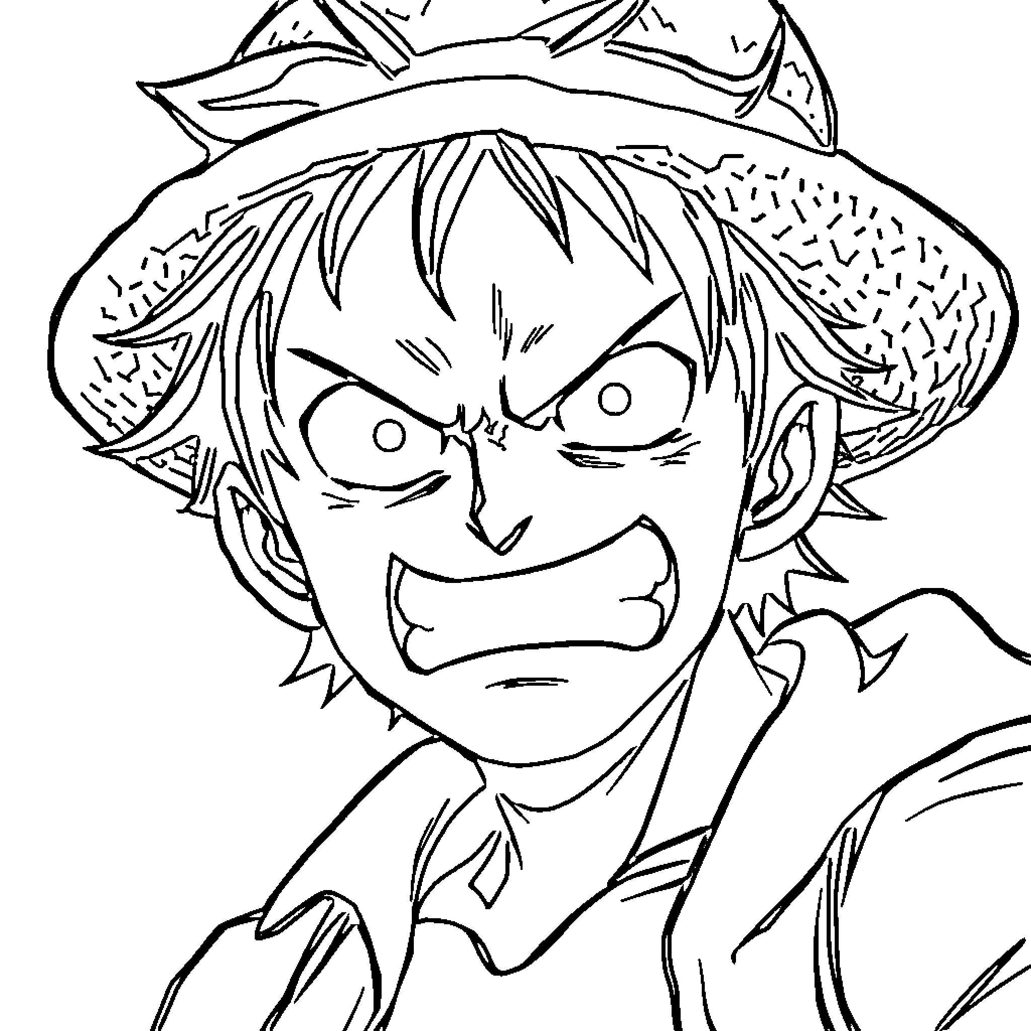 Luffy's Determined Expression in Iconic Anime Style Coloring Page (free black-and-white line drawing printable PDF for all, from beginners to advanced learners, including children, teens, adults, and seniors)