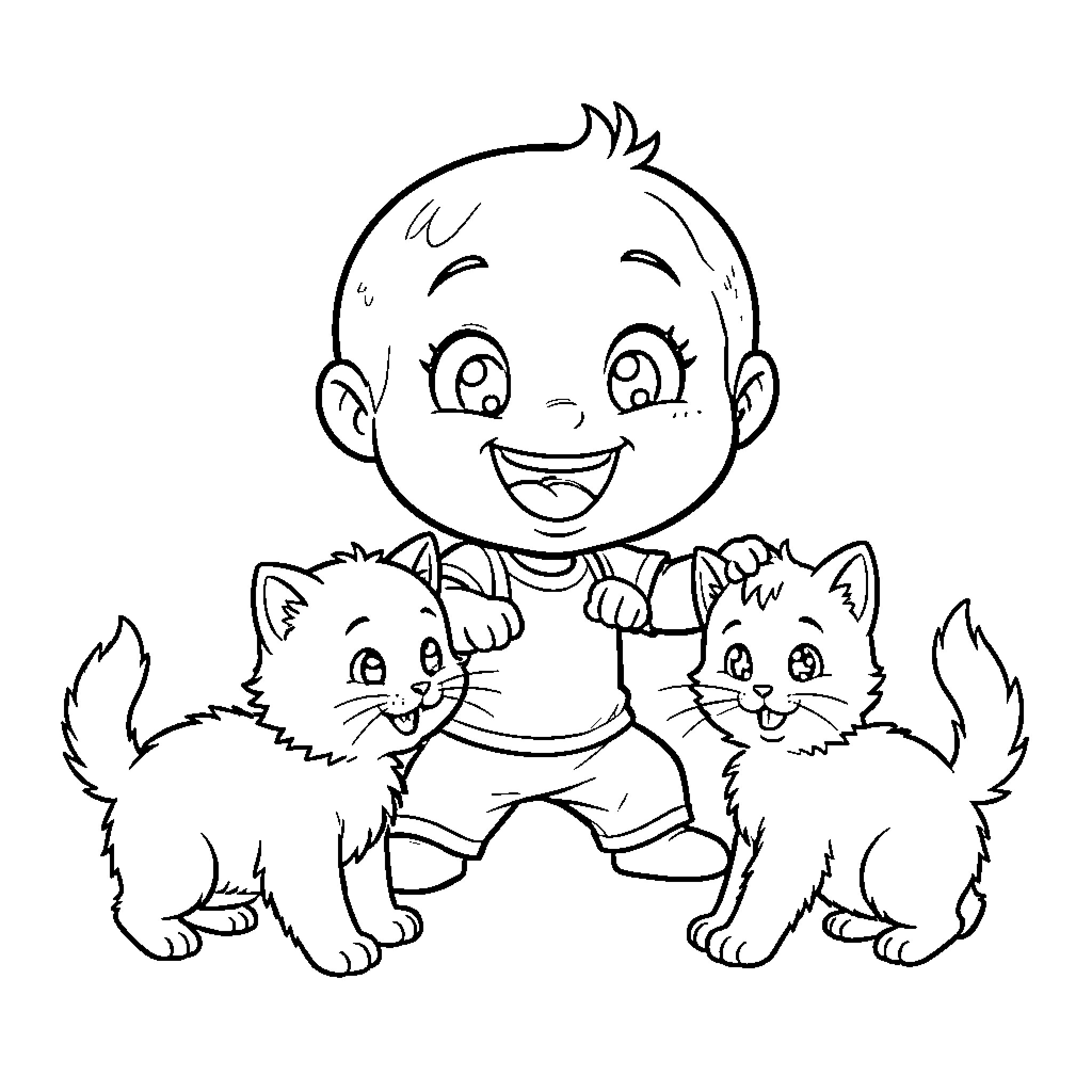 Jack Jack playing with adorable kittens Coloring Page (free black-and-white line drawing printable PDF for all, from beginners to advanced learners, including children, teens, adults, and seniors)