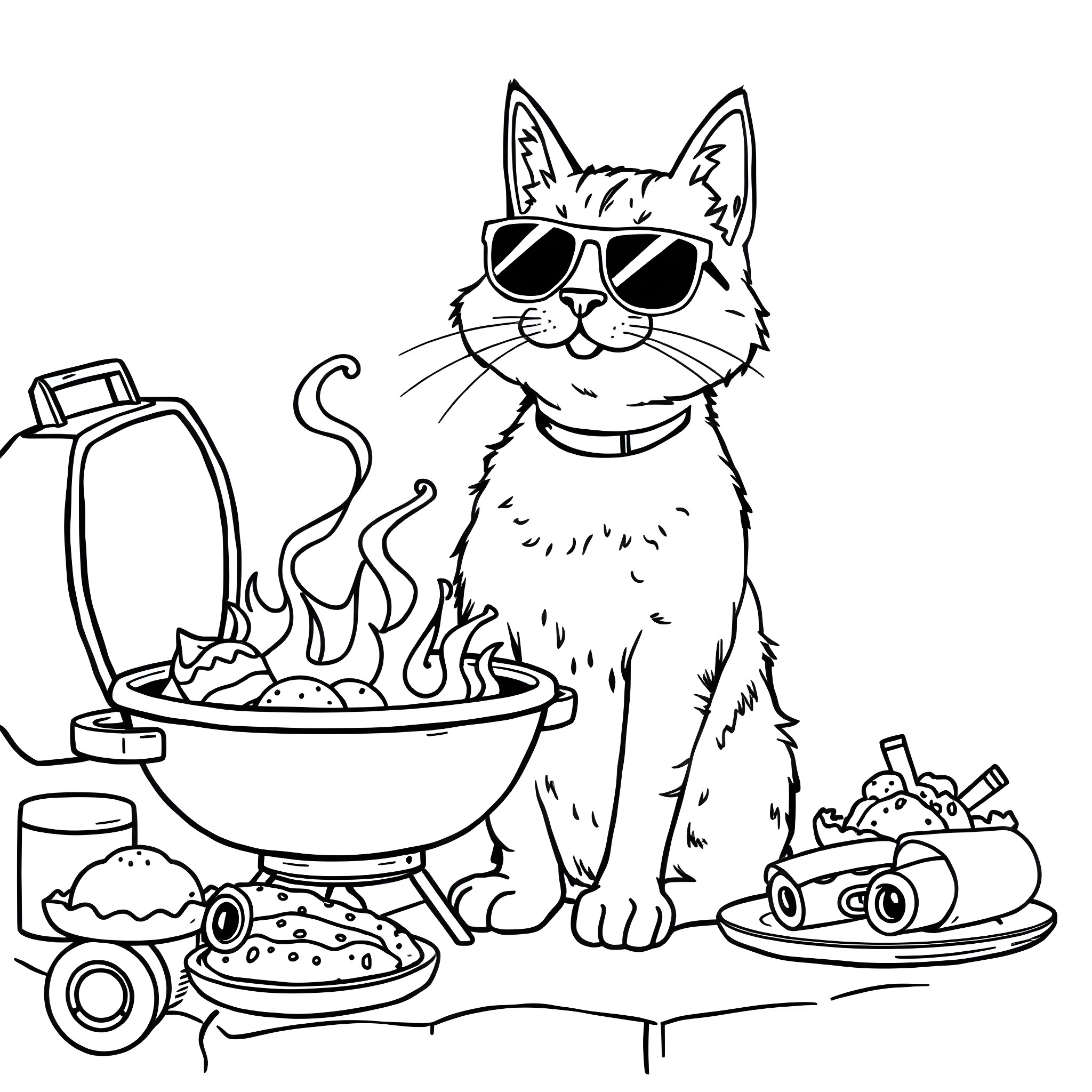 Cat relaxing by the barbecue Coloring Page (free black-and-white line drawing printable PDF for all, from beginners to advanced learners, including children, teens, adults, and seniors)
