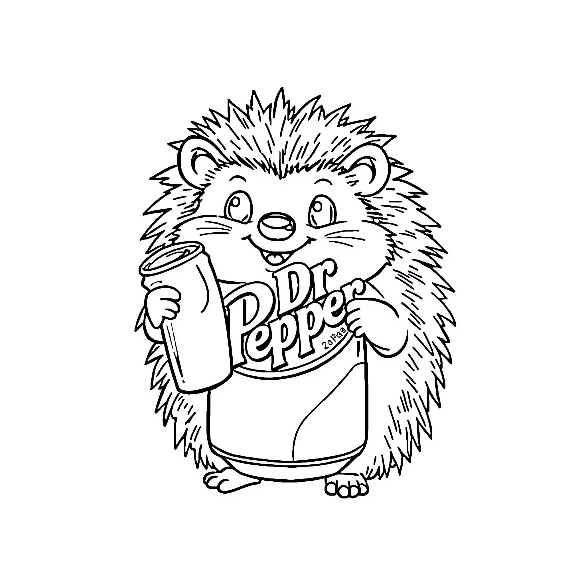 Hedgehog enjoying a refreshing Dr Pepper Coloring Page (free black-and-white line drawing printable PDF for all, from beginners to advanced learners, including children, teens, adults, and seniors)