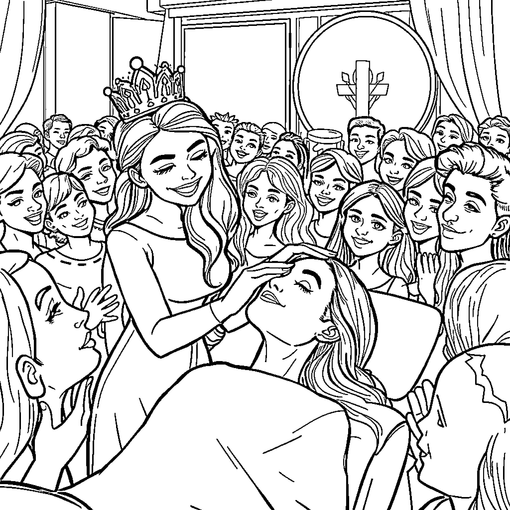 Esthetician Applying Makeup for Group of Enthusiastic Individuals Coloring Page (free black-and-white line drawing printable PDF for all, from beginners to advanced learners, including children, teens, adults, and seniors)