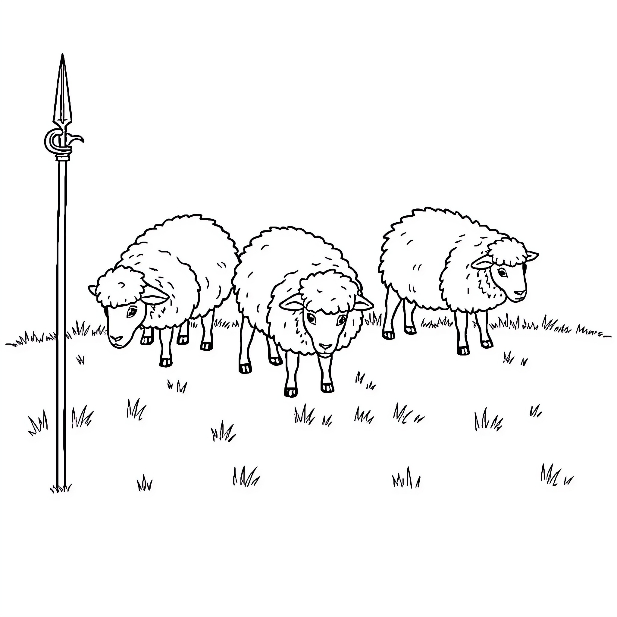 Sheep grazing peacefully in a grassy field Coloring Page (free black-and-white line drawing printable PDF for all, from beginners to advanced learners, including children, teens, adults, and seniors)