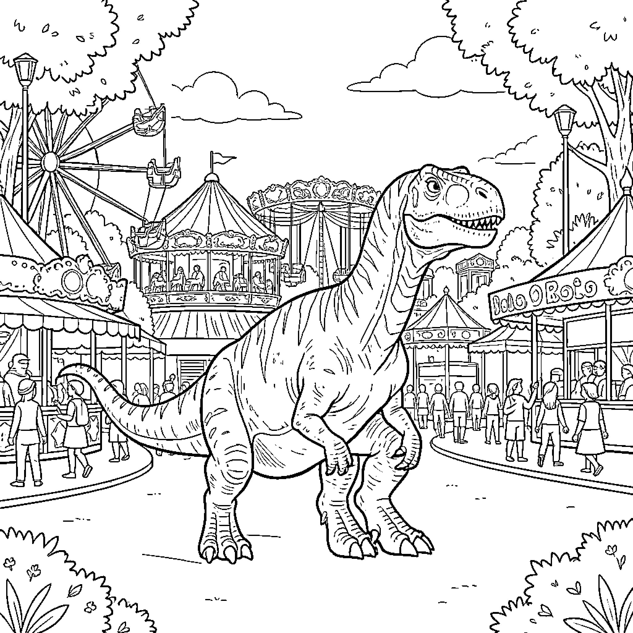 Dinosaur walking through a busy amusement park Coloring Page (free black-and-white line drawing printable PDF for all, from beginners to advanced learners, including children, teens, adults, and seniors)