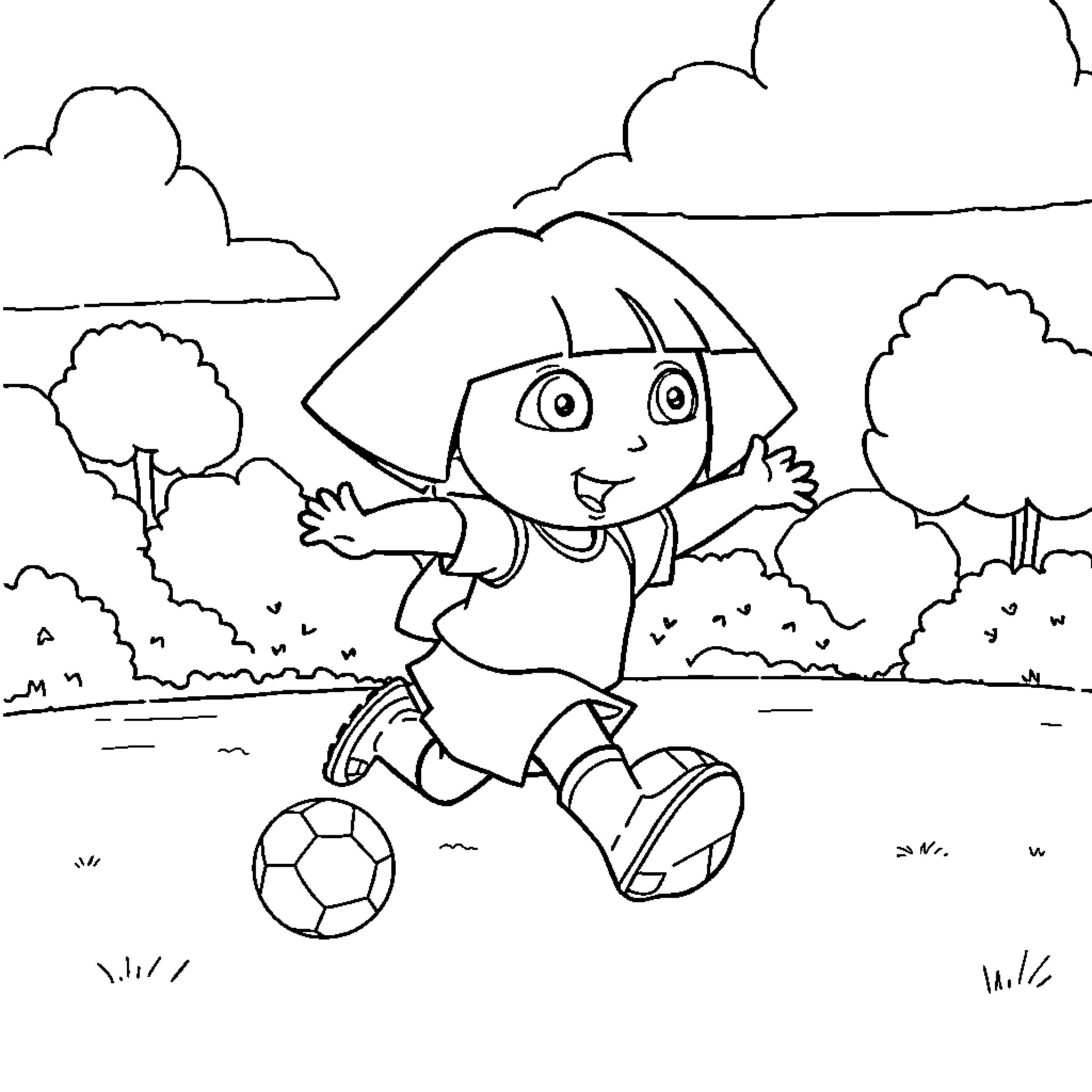 Dora exploring the park with a soccer ball Coloring Page (free black-and-white line drawing printable PDF for all, from beginners to advanced learners, including children, teens, adults, and seniors)