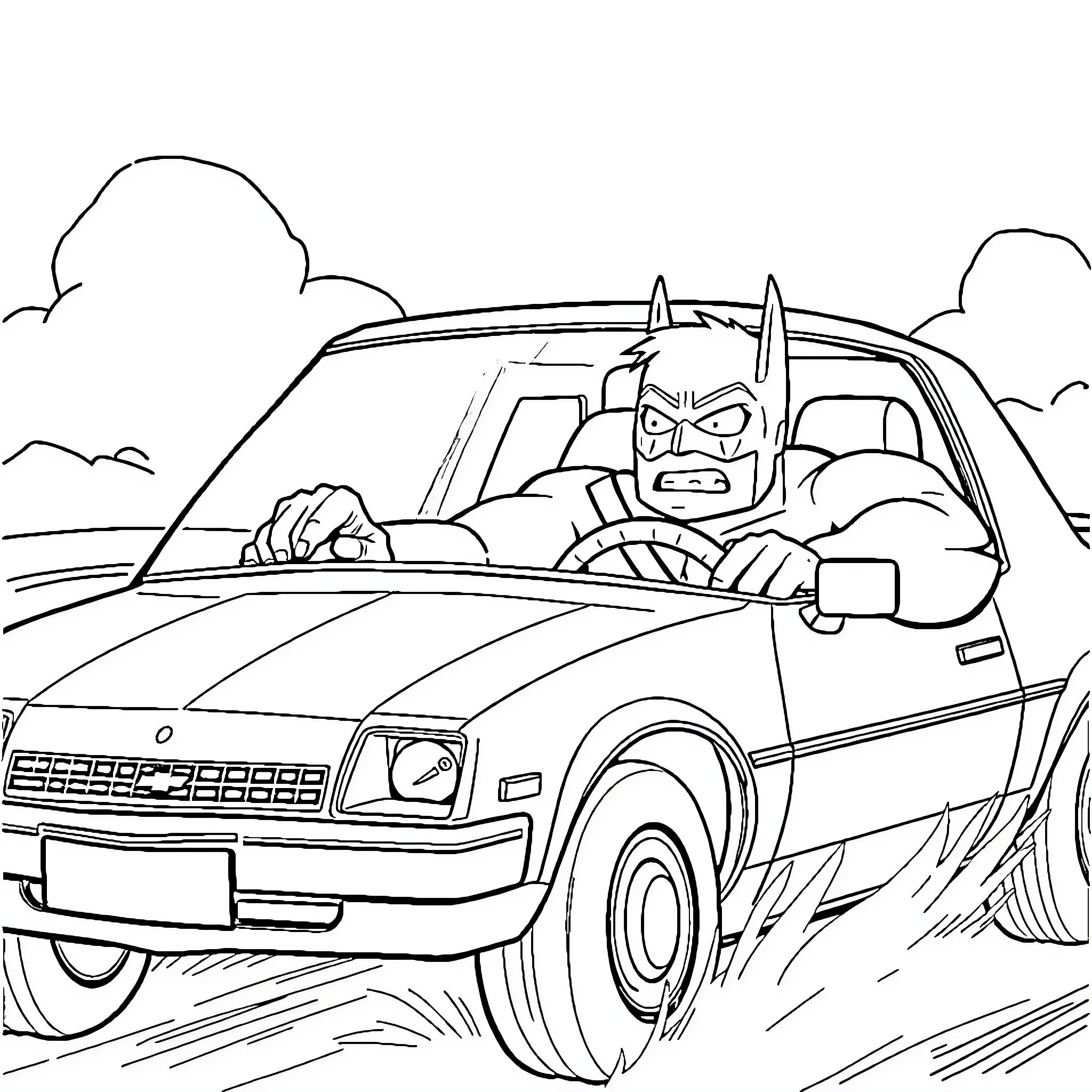 Hulk driving furiously down the road Coloring Page (free black-and-white line drawing printable PDF for all, from beginners to advanced learners, including children, teens, adults, and seniors)