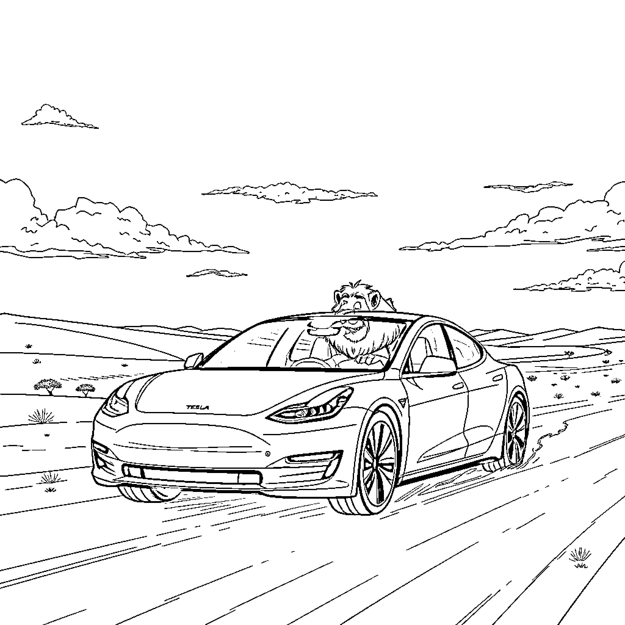 Simba driving a sleek electric vehicle on a scenic road Coloring Page (free black-and-white line drawing printable PDF for all, from beginners to advanced learners, including children, teens, adults, and seniors)