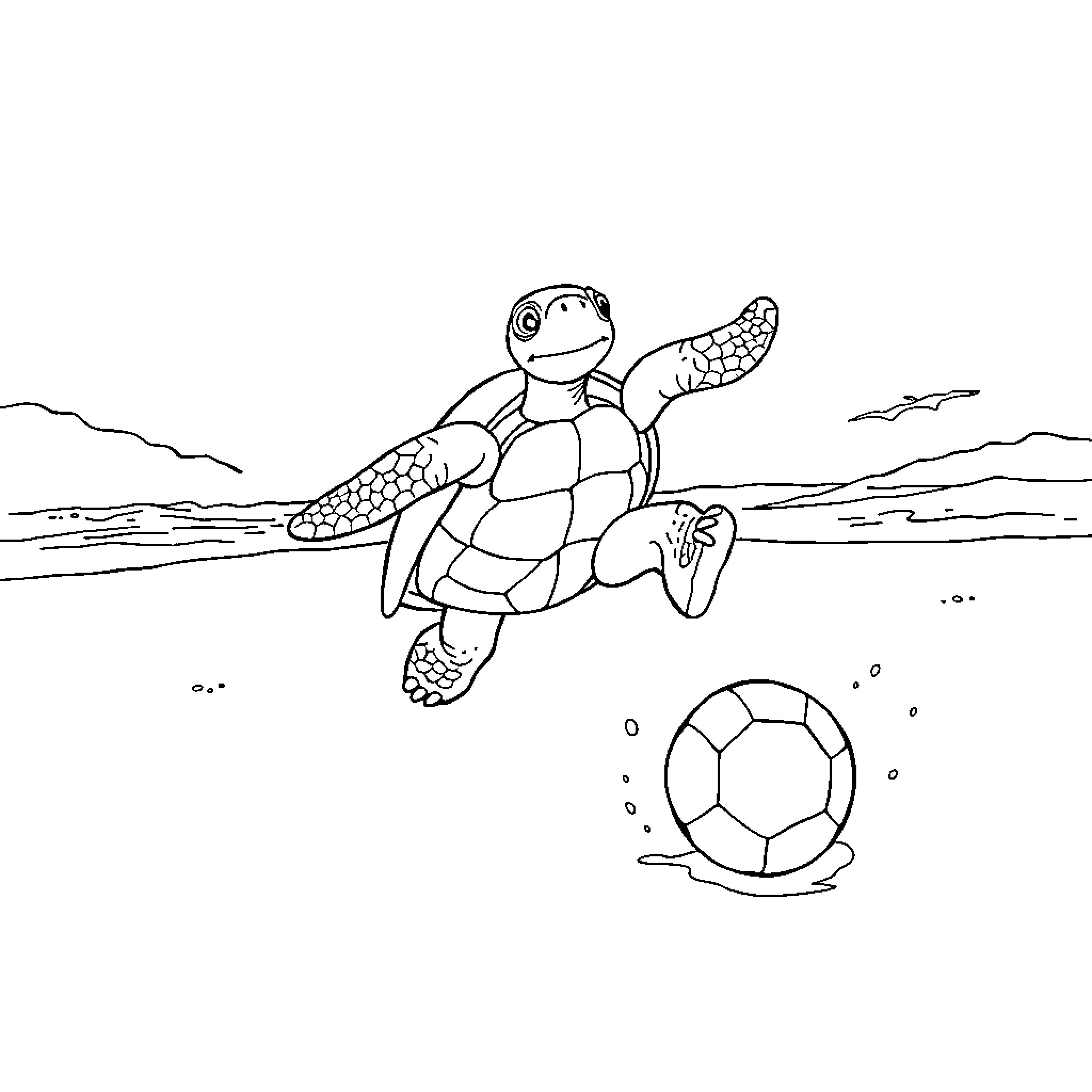 Turtle swimming happily in the ocean Coloring Page (free black-and-white line drawing printable PDF for all, from beginners to advanced learners, including children, teens, adults, and seniors)