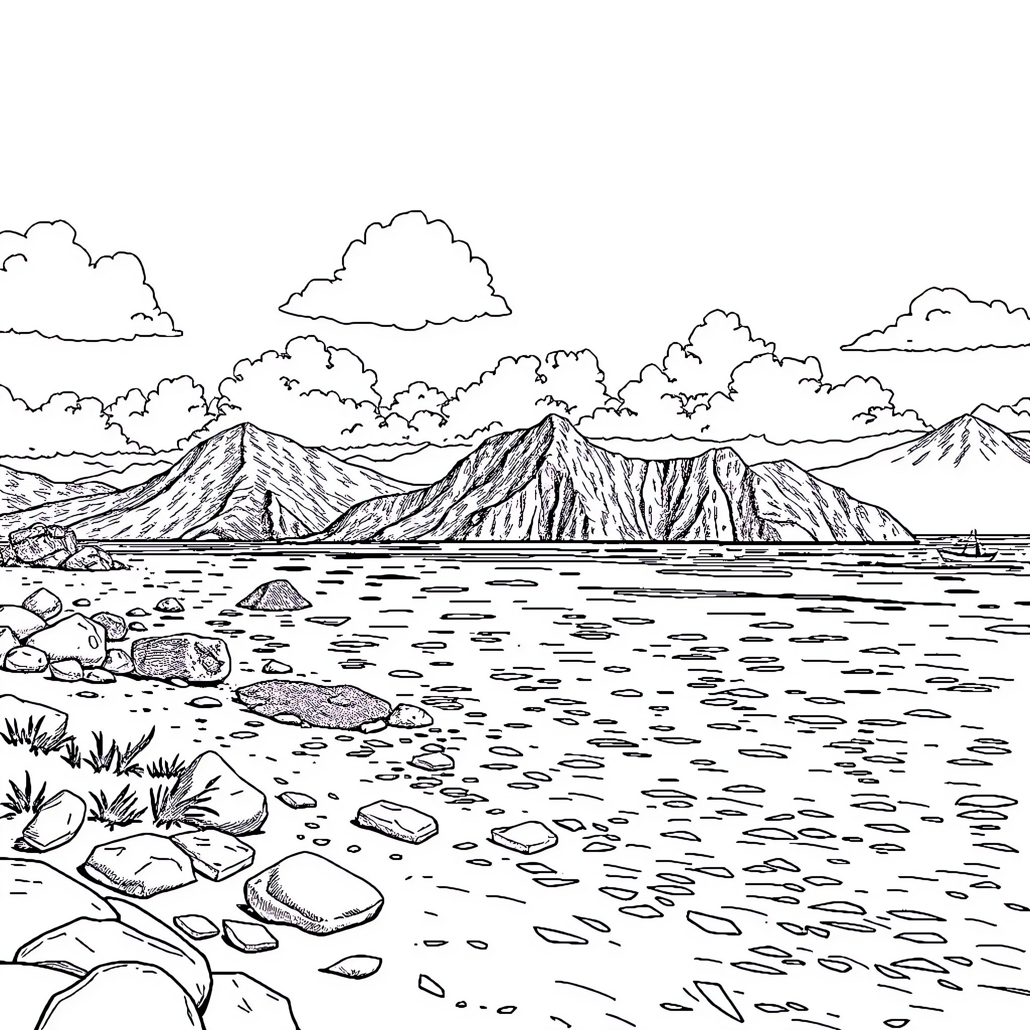 US Virgin Islands scenic coastal landscape Coloring Page (free black-and-white line drawing printable PDF for all, from beginners to advanced learners, including children, teens, adults, and seniors)