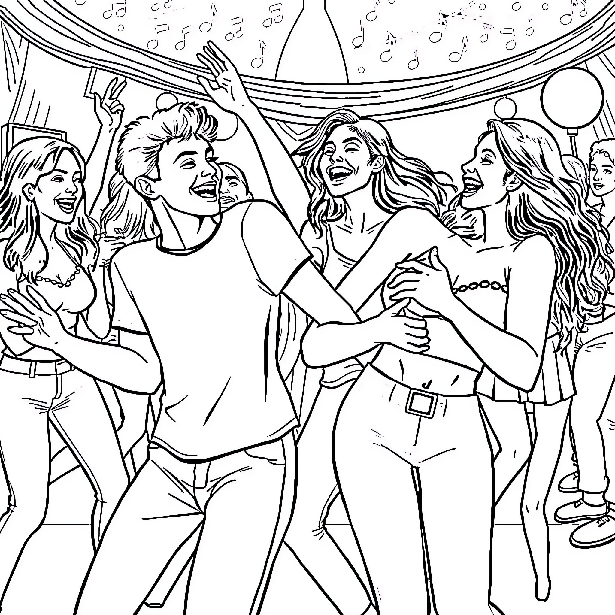 Teen friends dancing and celebrating at a party Coloring Page (free black-and-white line drawing printable PDF for all, from beginners to advanced learners, including children, teens, adults, and seniors)